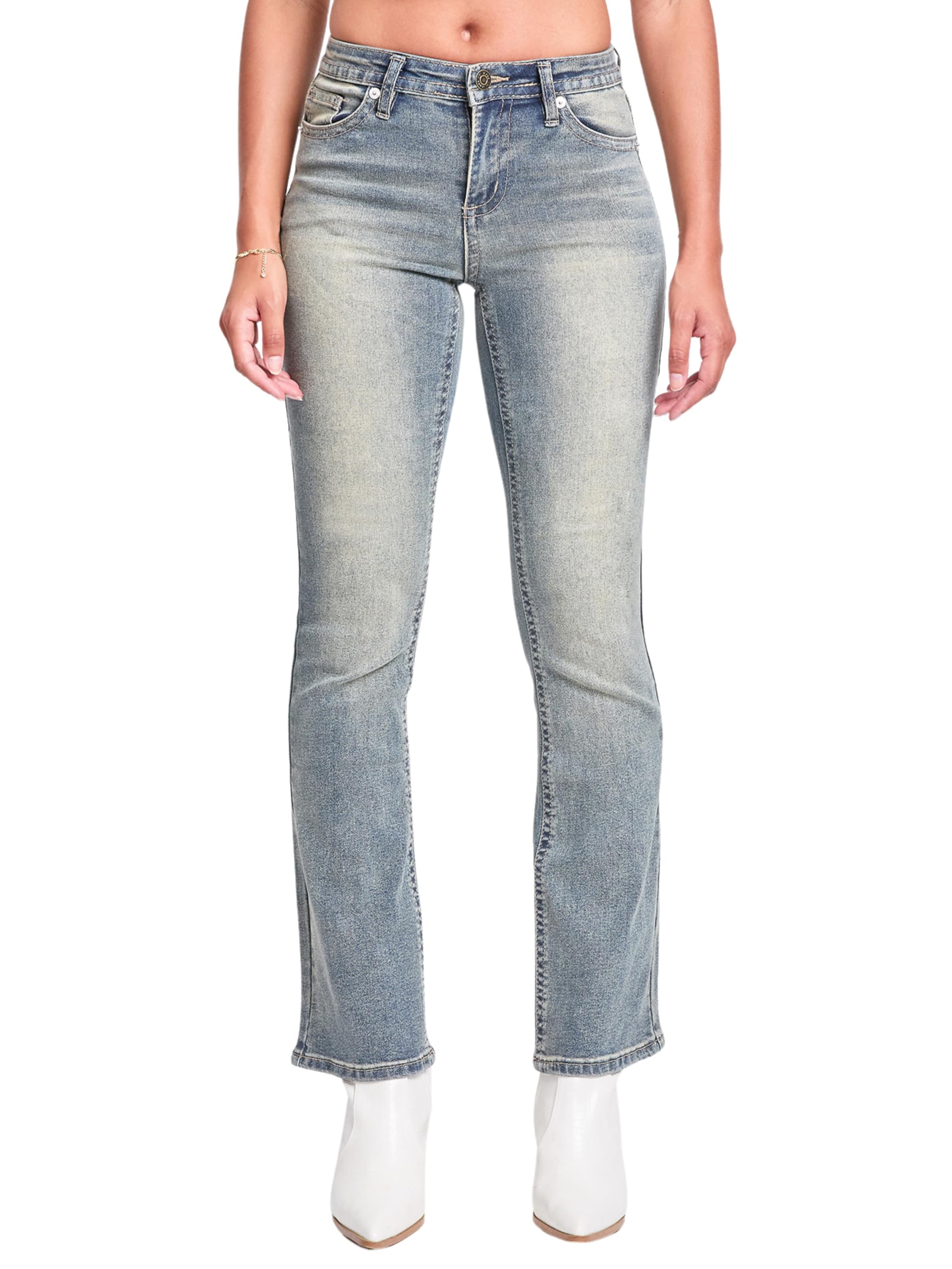 YMI Women's Mid Rise Clean Hem Premium Stitch Bootcut Jeans
