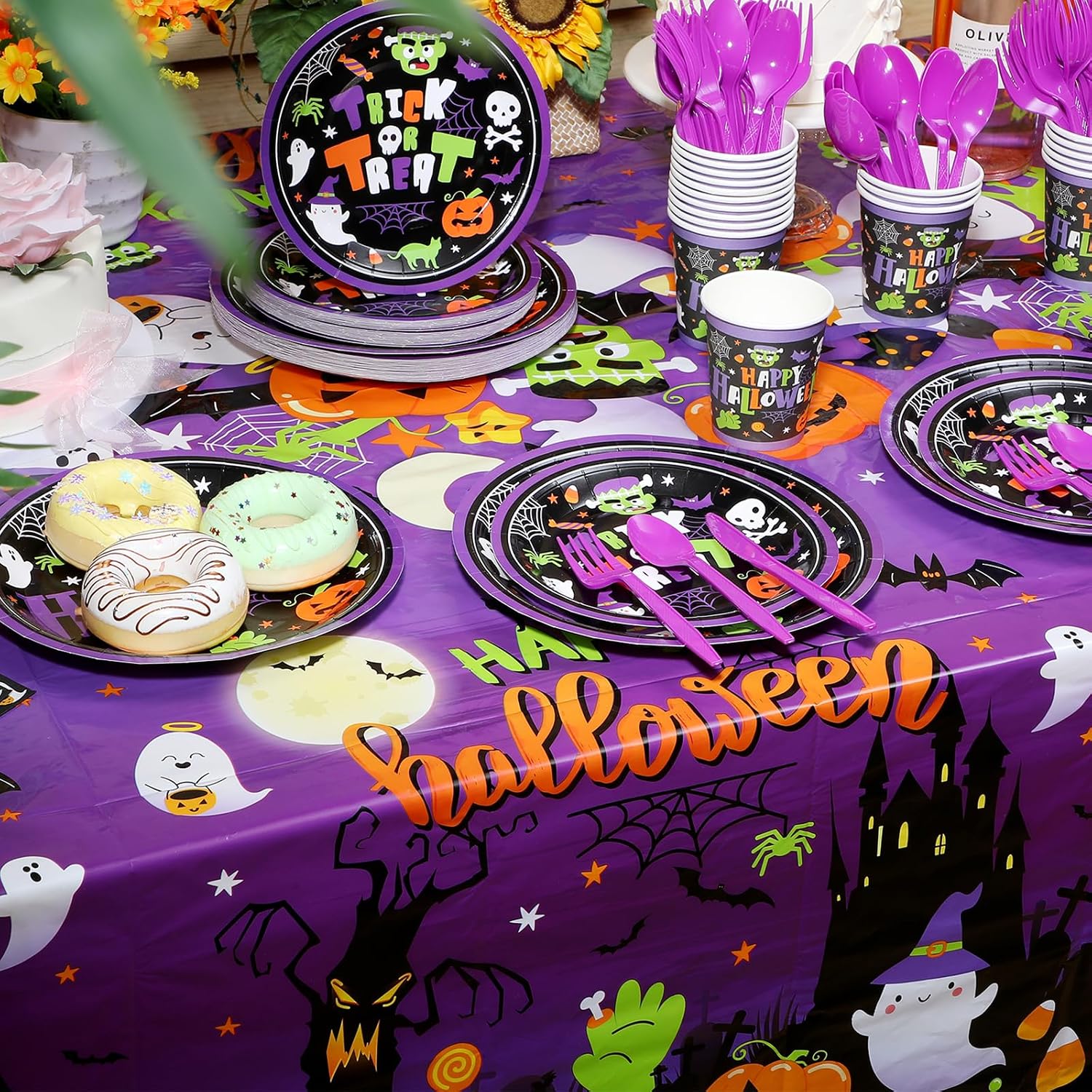 Oudain 3 Pcs Halloween Tablecloth for Girls Plastic Happy Halloween Boo Table Covers 54 x 108 Disposable Ghost Pumpkin Table Cloths Birthday Party Baby Shower Supplies(Purple Series,Gothic)