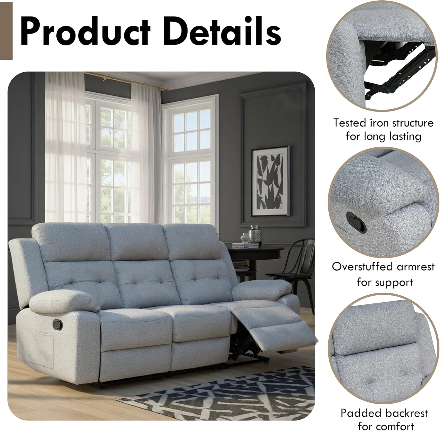 Recliner Couch Soft Fabric 3 Seater Couch Modern Manual Pull Tab 3 Seat Reclining Sofa for Small Spaces Living Room RV Meeting Room Bedroom Office Apartment Grey