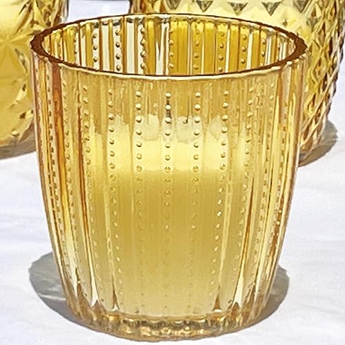 Miniatura 7 de WHW Whole House Worlds Modernist Home - Juego de 4 candelabros gorditos y velas votivas, translúcido, cristal amarillo miel, 3.25 pulgadas