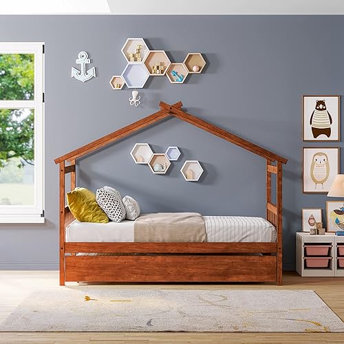 Miniatura 194 de Merax Cama de madera de tamaño individual con dos cajones, marco de cama de madera con techo para niños, adolescentes, niños o niñas, gris