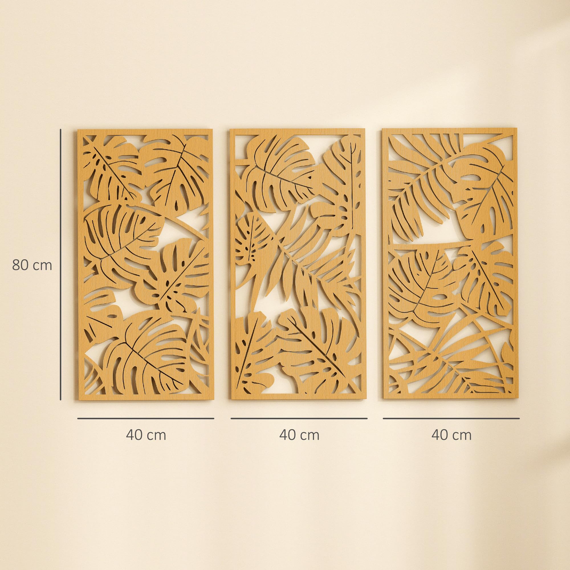HOMCOM Set di 3 decorazioni da parete in legno 3D, 40 x 80 cm, legno naturale | Foglie tropicali, decorazione da parete moderna da appendere, per soggiorno, camera da letto, corridoio o ufficio