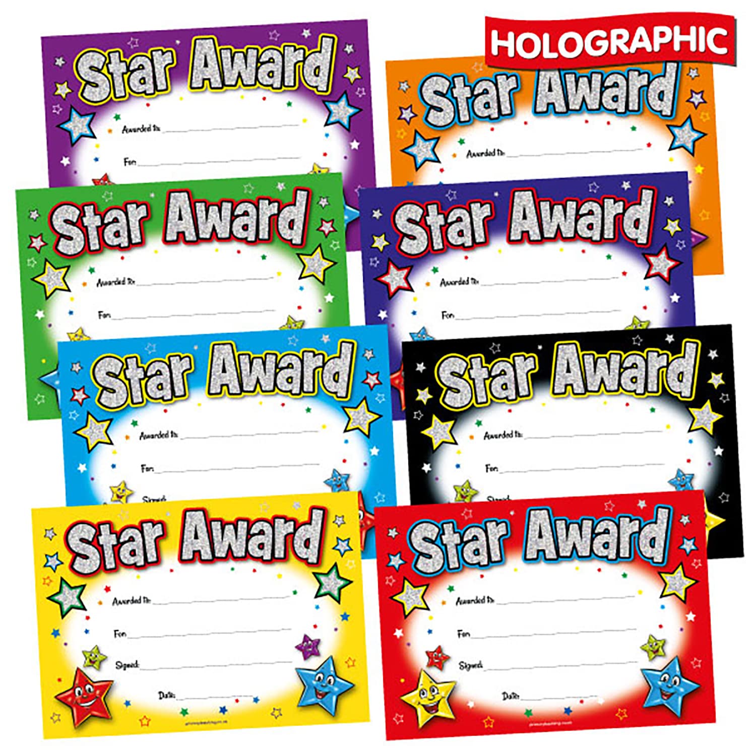 48 Mixed Holographic Sparkly Star Award Childrens Pupils School Reward Certificates A5 Primary Teaching Services