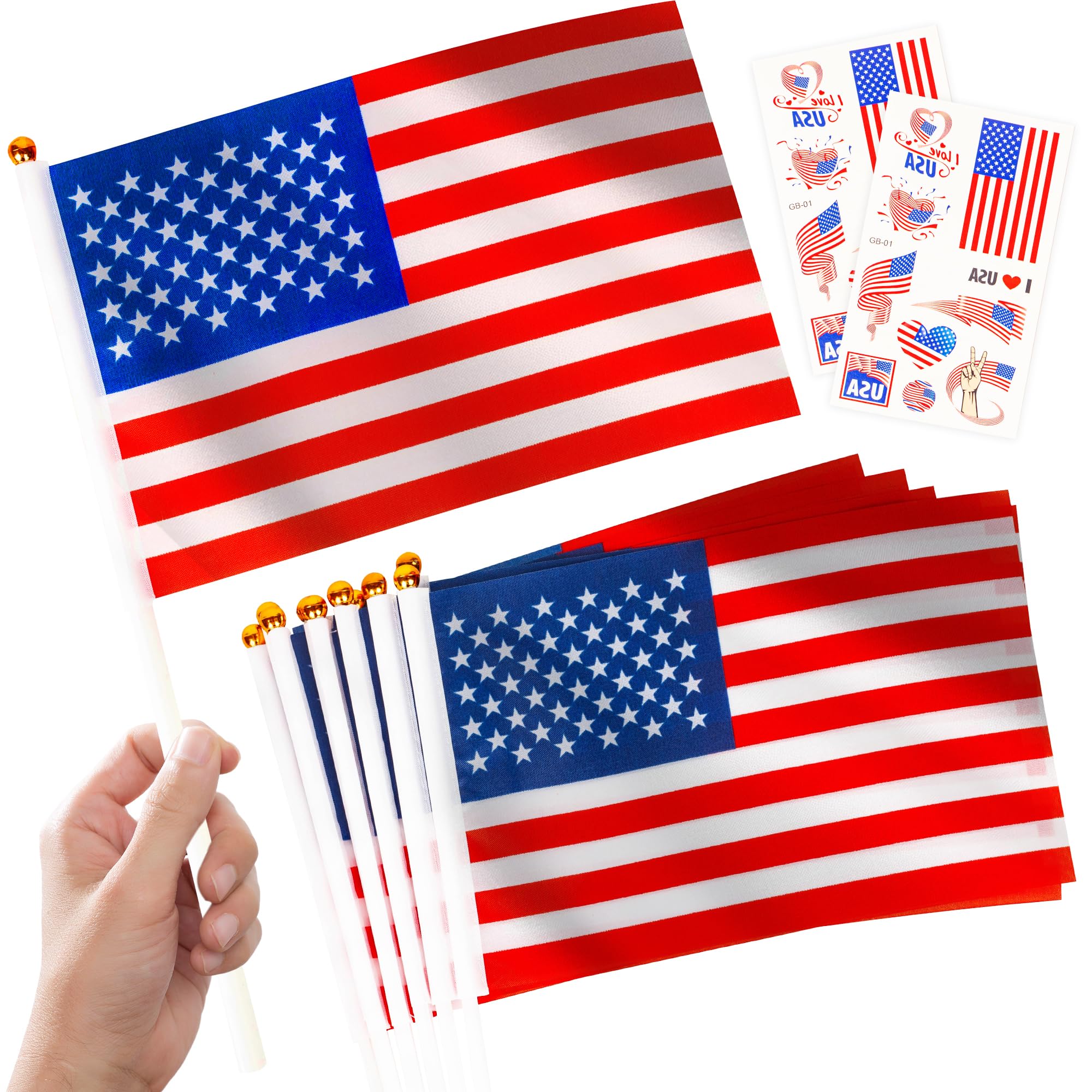 10pcs American Flags Hand Held Mini Small Flag on Sticks & 2pcs Tattoos,World Cup Football 2026 USA Tournament Flags Decorations for football fans Game Day National Day Pub Party Decor