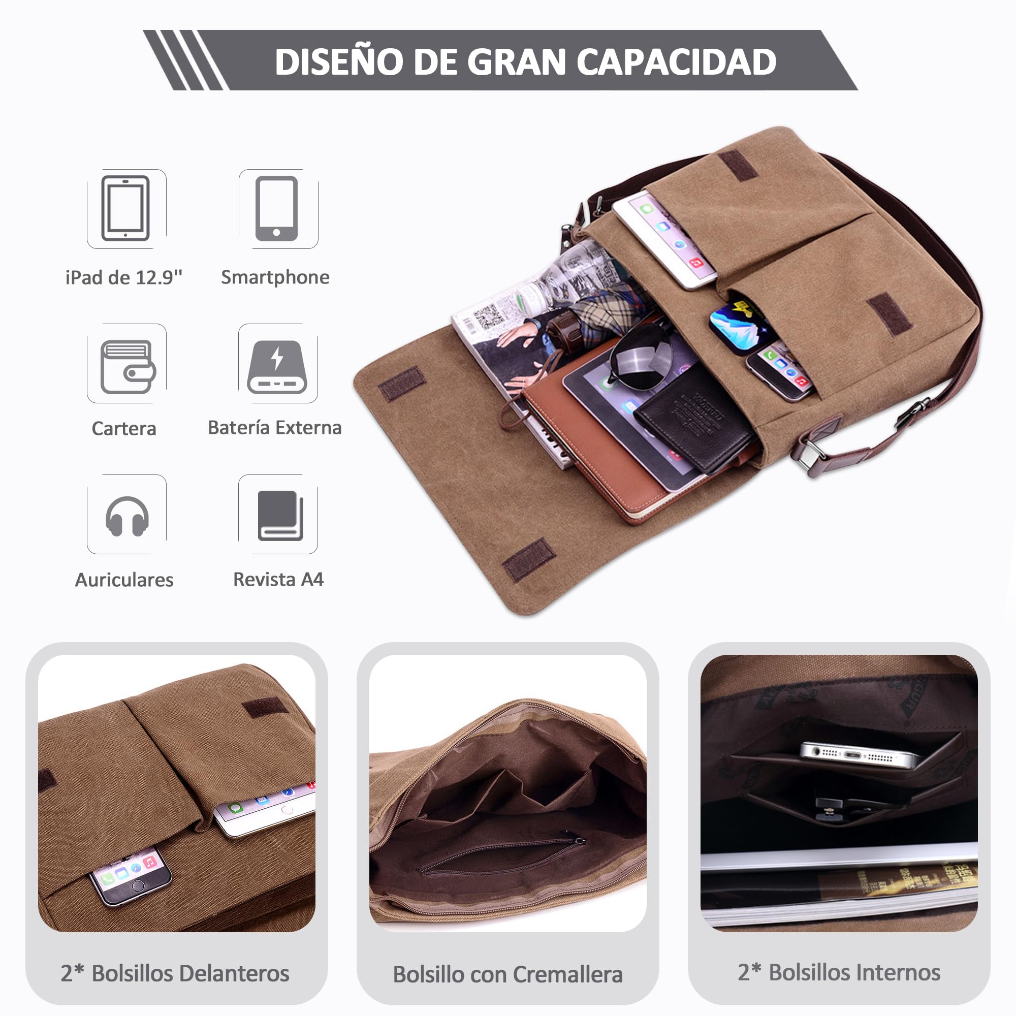 Vintage Hombre Bolsos Hombro Moda Gran Capacidad Bolsa Mensajero para 15 Pulgadas Portátil para Viajer Casual Trabajo Escuela A Diario Al Aire Libre Lona Hombre Bolso de Bandolera Marrón