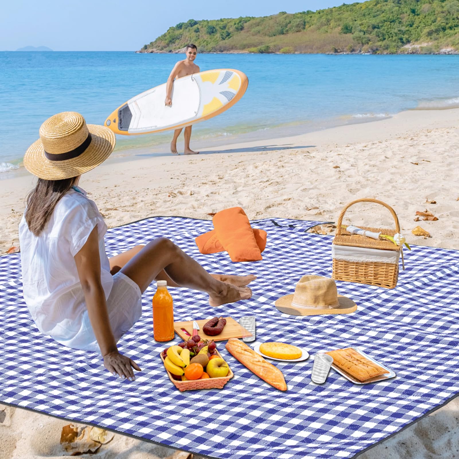 Koc piknikowy na zewnątrz wodoodporny, 200 x 203 cm, bardzo duży koc plażowy, odporny na piasek, składany, można prać w pralce, vintage, mata piknikowa, trawnik, park, rodzina, kemping, impreza,