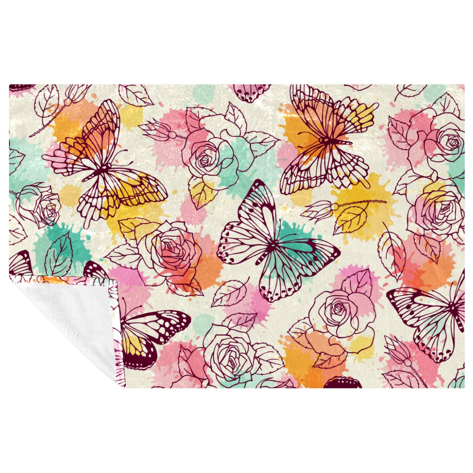 Couverture vintage papillons et roses 150x100 cm pour lit et canapé