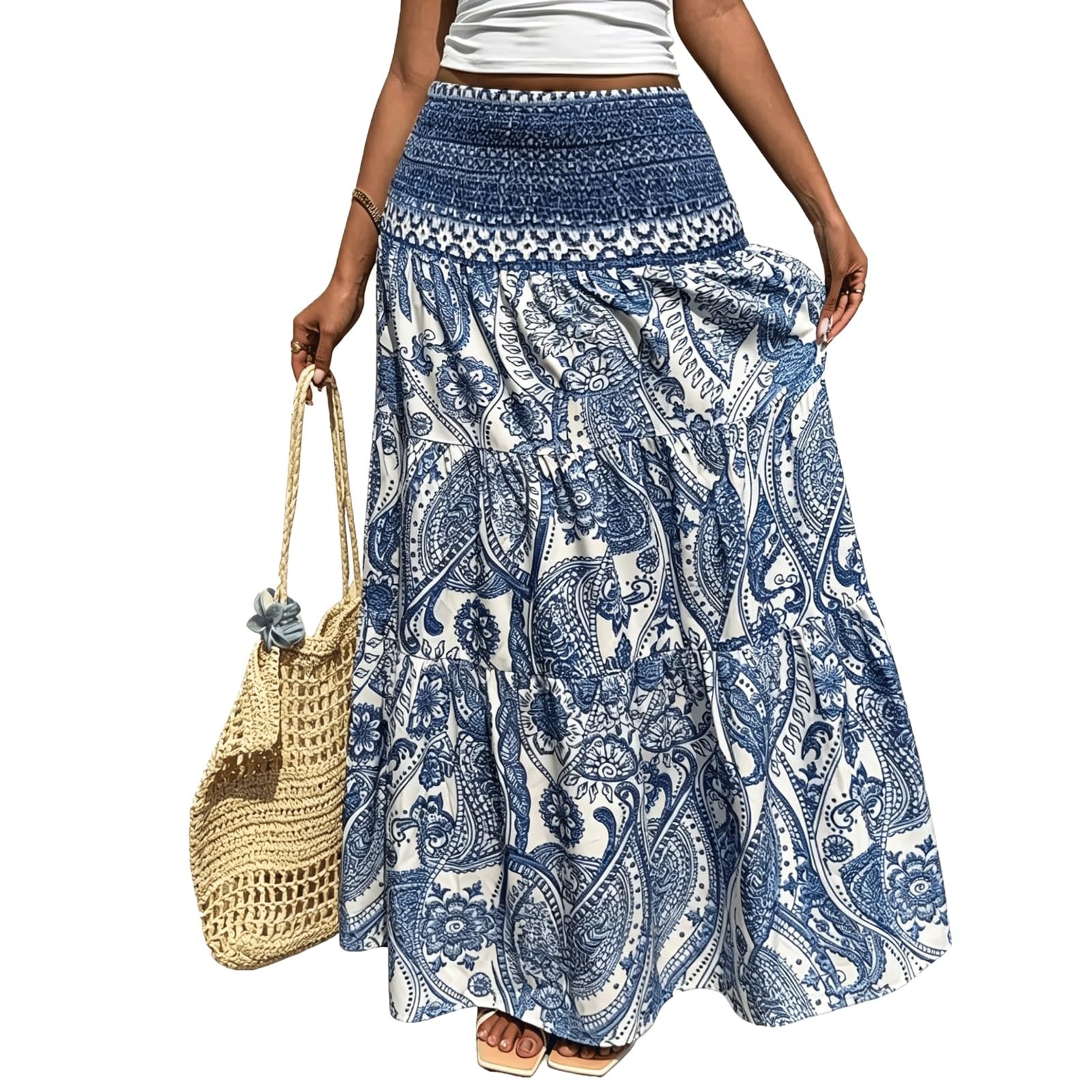 DUddTTW Women's Maxi Skirts A-line High Waisted Midi Long Skirt Printed Floral(Blu,Lagre)