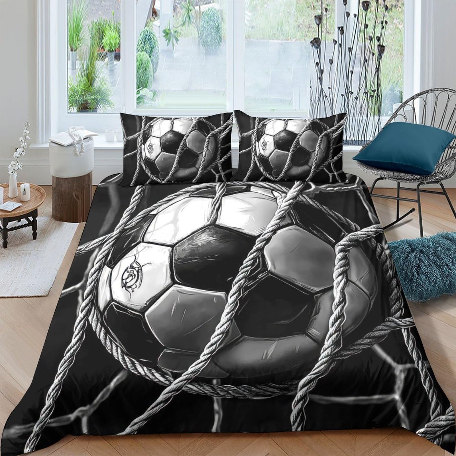GPLZQXKJNH 3D Printed Soccer Goal Duvet Cover Microfiber Soft Black White Football Bedding Set with 2 Pillowcases for Bedroom Decor Single（135x200cm）