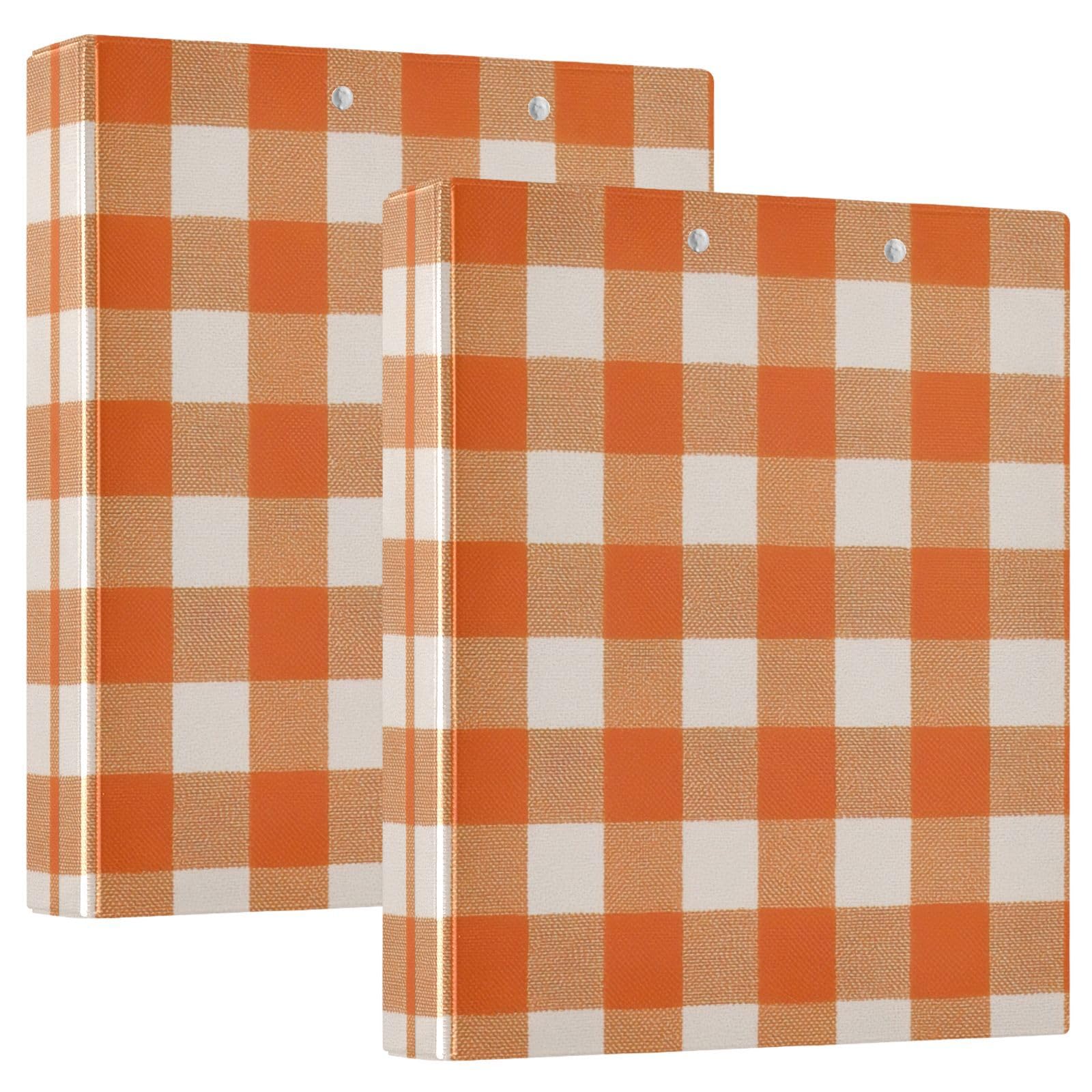 Carpeta clásica de tres anillos a cuadros naranja y blanco de 1.5 pulgadas, carpeta de anillos en D, paquete de 2 | Con portapapeles y bolsillos, para escuela, universidad, oficina