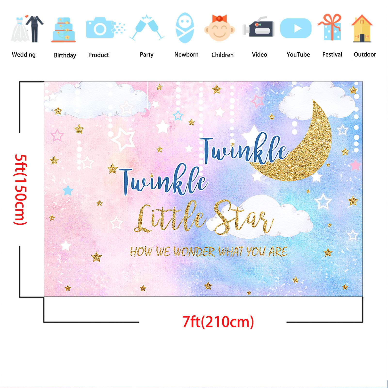 Sfondo Rivelazione Genere Baby - Rosa E Blu Con Nuvole, Stelle, Luna | 210x150 Cm | Cotone, Per Feste E Foto - Foto 3