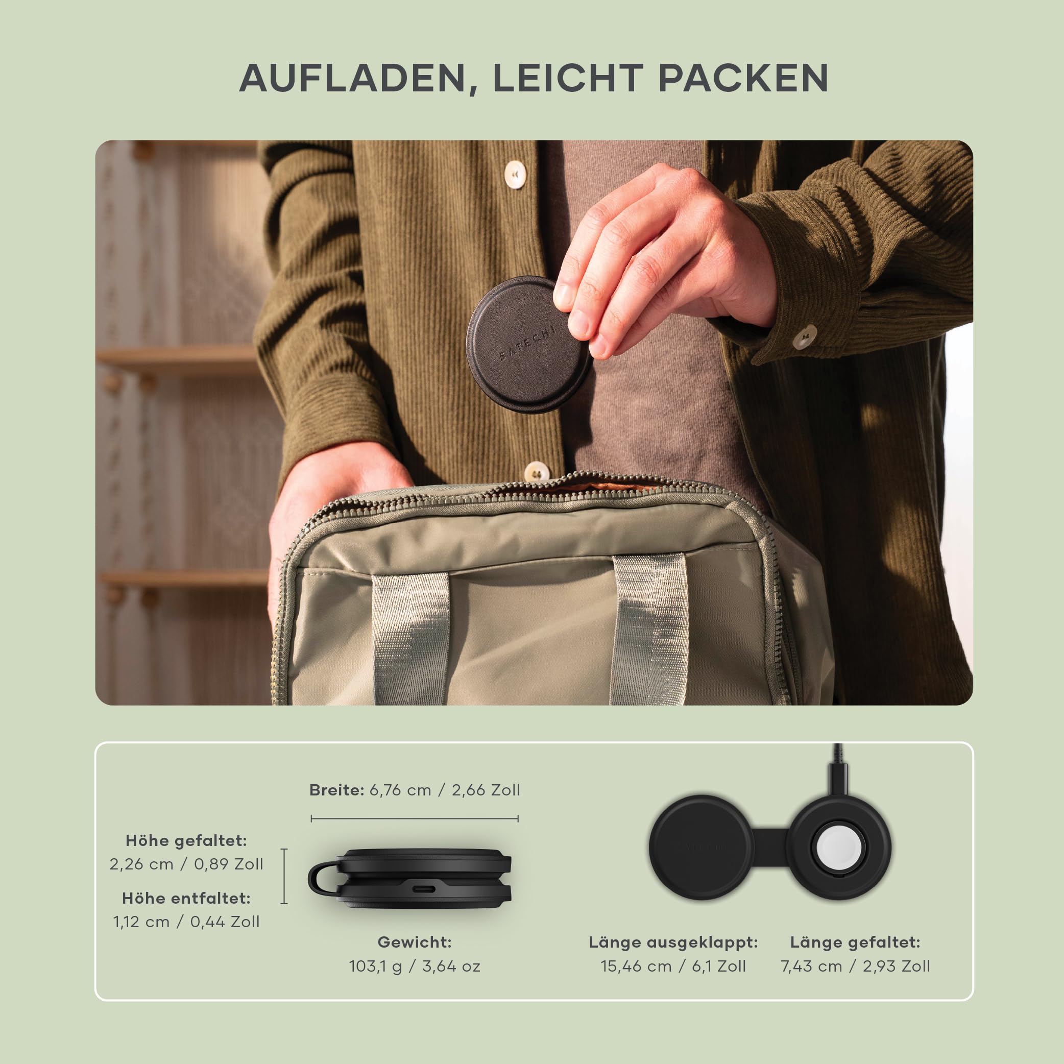 SATECHI OntheGo™ faltbares 2-in-1 Qi2 Ladegerät, 15 W, Schwarz | Kabelloses Reiseladegerät für iPhone 12–17 & Apple Watch, 15 W/5 W, 𝗼𝗵𝗻𝗲 𝗡𝗲𝘁𝘇𝘁𝗲𝗶𝗹 – 𝗺𝗶𝗻. 𝟯𝟬 𝗪