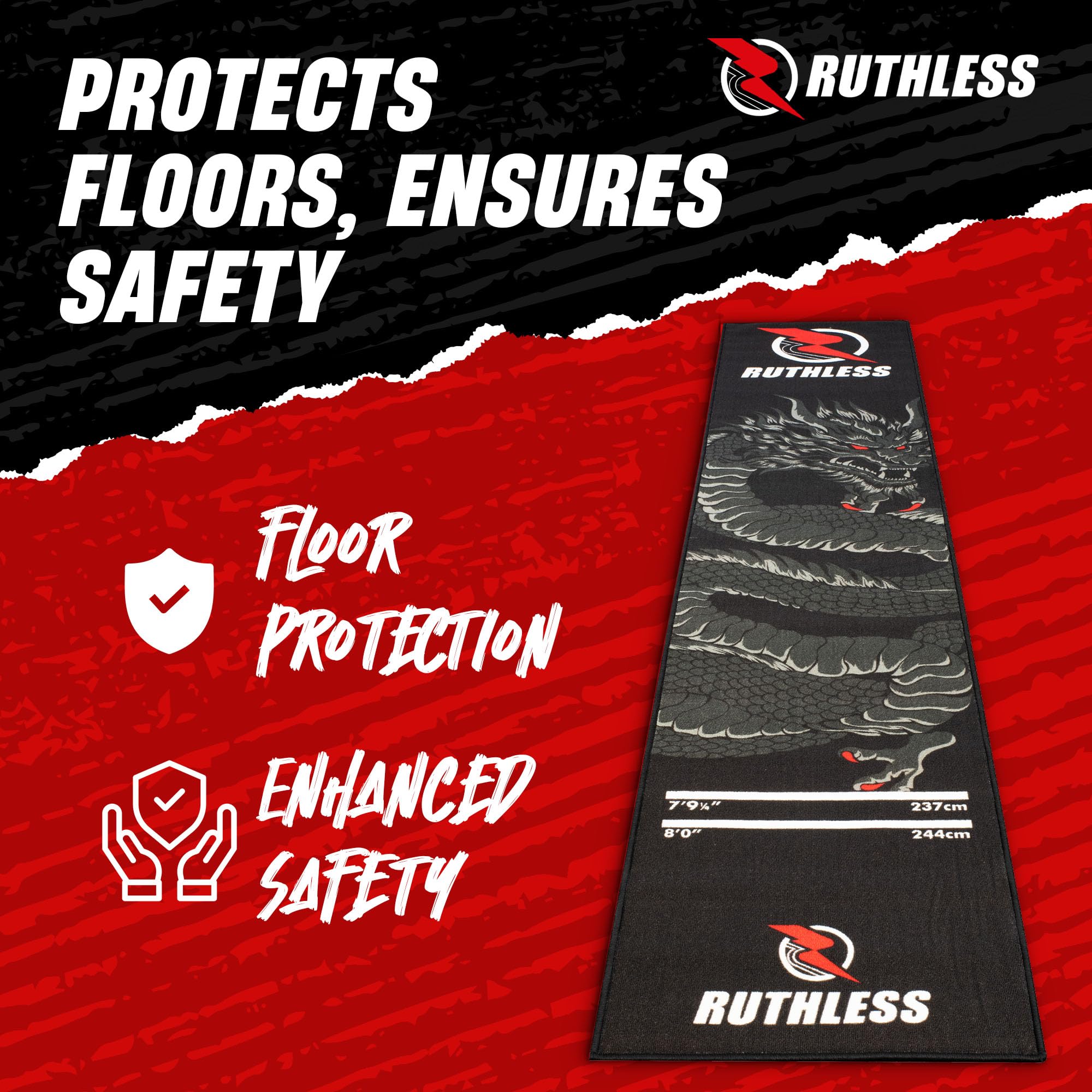 RUTHLESS Alfombrilla para Dardos | Alfombra Resistente Antideslizante Duradera para Suelo Negro