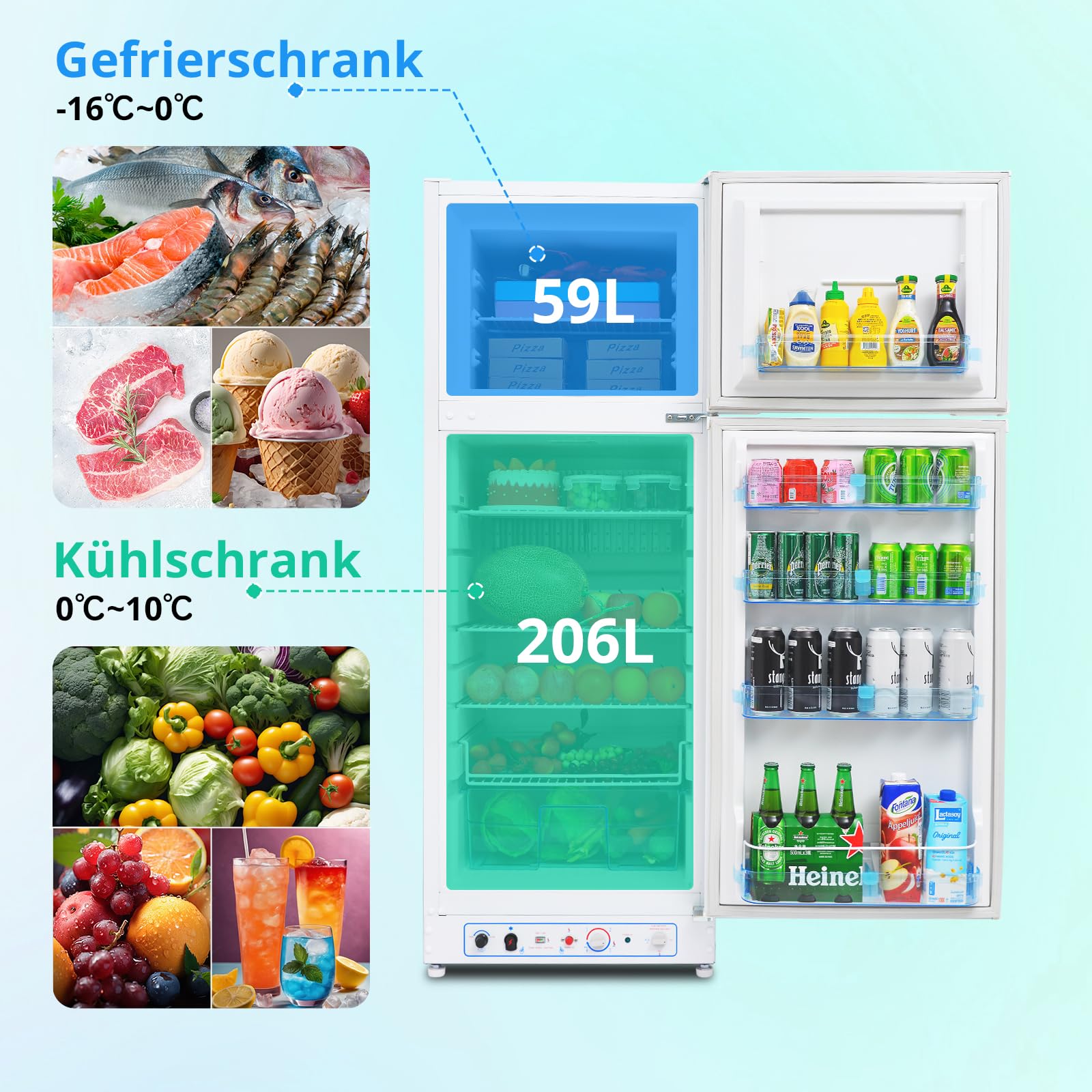 SMETA Gas Kühlschrank mit Gefrierfach 265L, Gas/230V, Kühl-Gefrierkombination für Ferienhaus Gîte Garage Wohnwagen Wohnmobil, Weiß