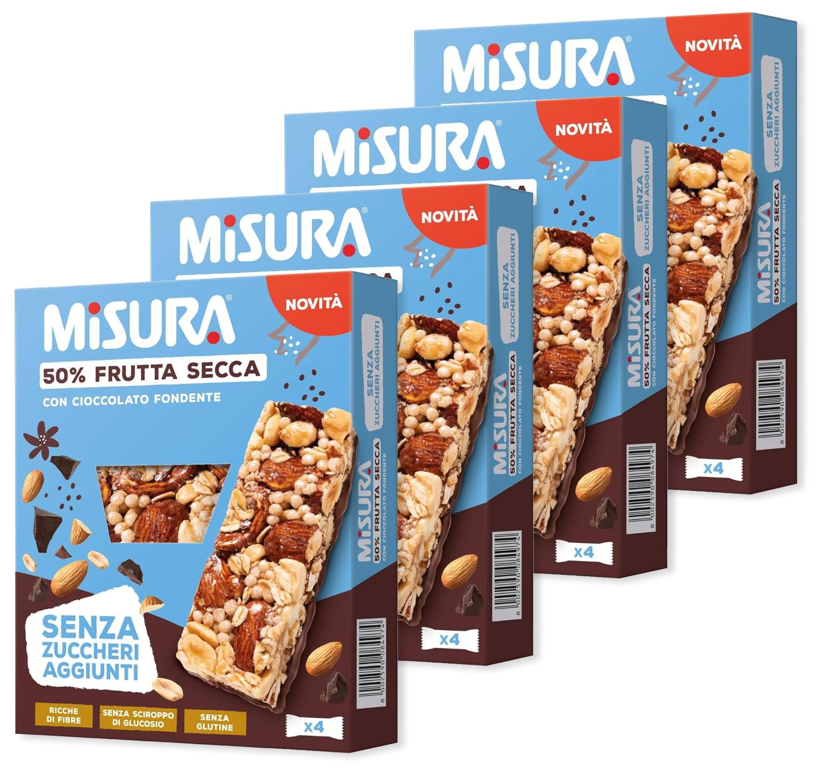 Misura Barrette con Frutta Secca Mandorle, Arachidi e Cioccolato Fondente Senza Zuccheri Aggiunti 120g - Novità 2024 [4 Confezioni]