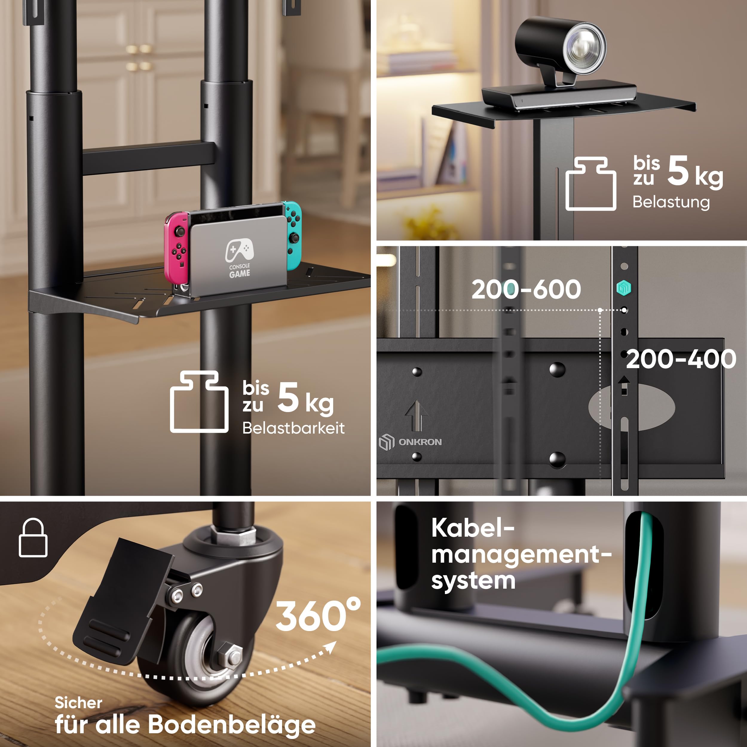 ONKRON TV Ständer rollbar für 32-75 Zoll Fernseher, max Last 60 kg, professioneller TV Standfuss höhenverstellbar mit Ablage, max VESA 600x400, Wagen Fernsehständer mit Rollen Schwarz TS1571-B