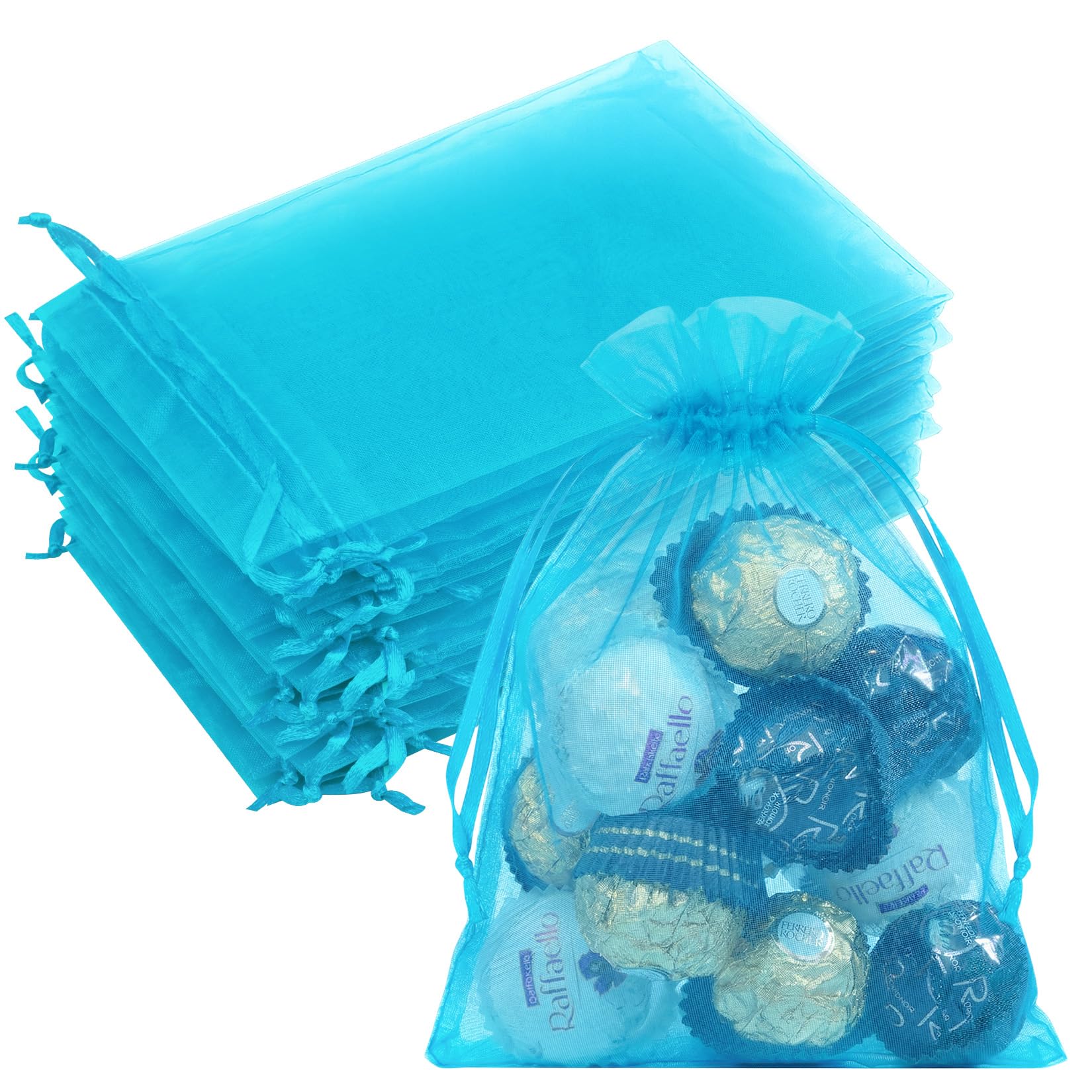 Crweety 50PCS Blue Organza Bags 5x7 Inch, Small Mesh Gift Bags Drawstring for Jewelry Bracelet Packaging, Premium Sheer Gift Pouch for Candy Baby Shower Wedding Party Favor Halloween Christmas Treats