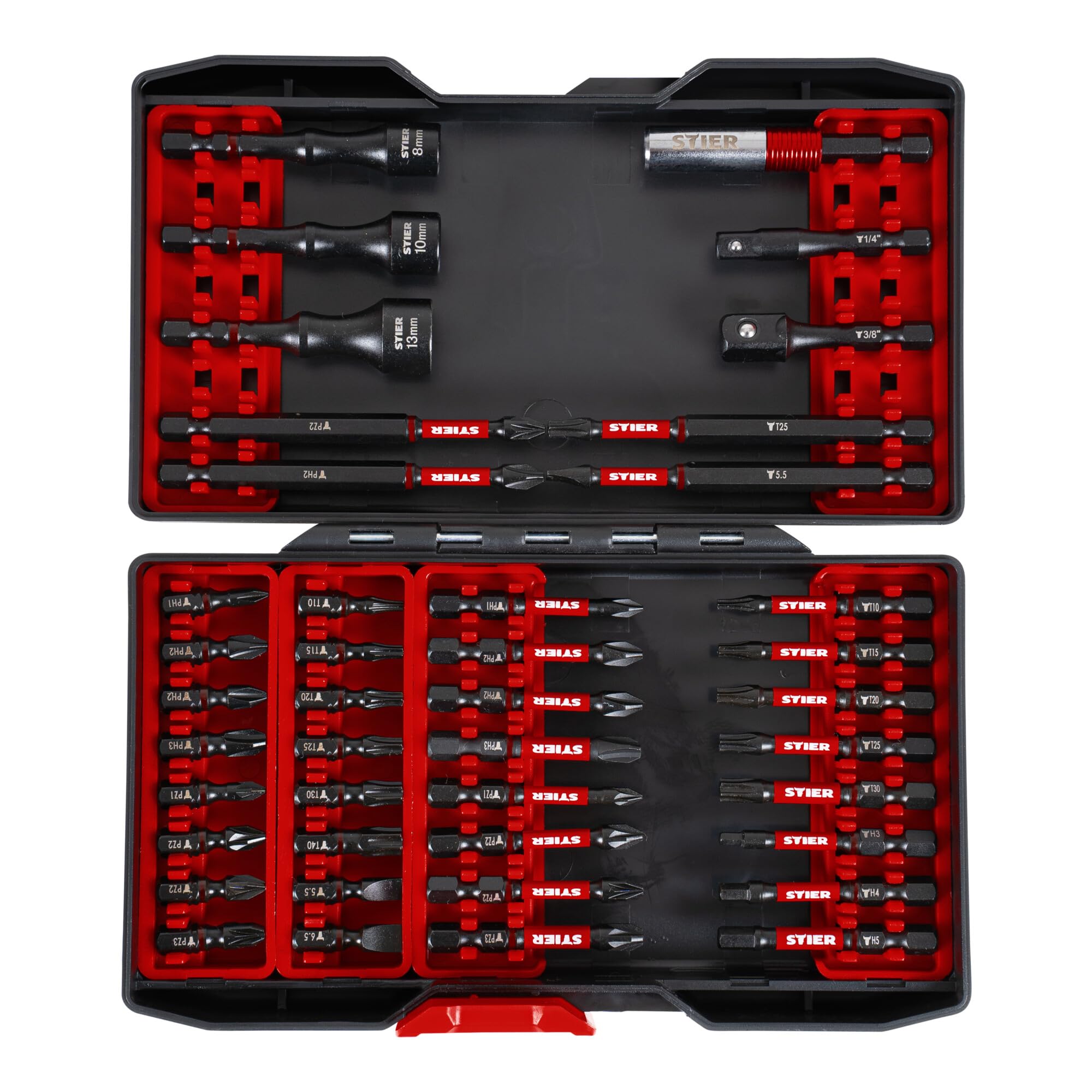 Jeu d'embouts de vissage à torsion STIER pour visseuse sans fil, 42 pièces, porte-embouts magnétique puissant, interchangeable, adaptateurs et clés à douille, coffret de transport de qualité