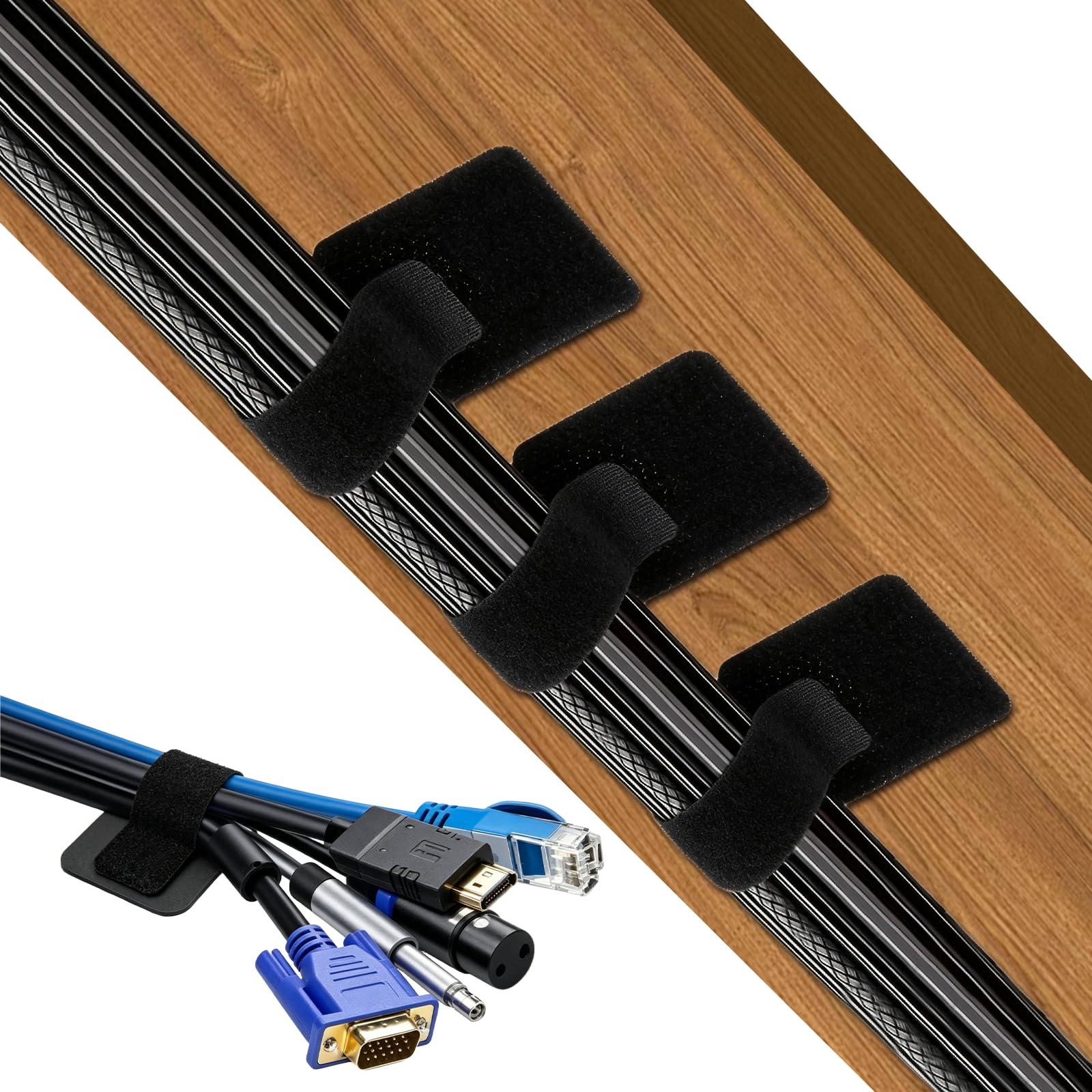 50 PCS Under Desk Cable Management, Self Adhesive Cable Straps Clips, Adjustable Tidy Cable Ties, for PC, TV, Laptop, Router, Ethernet Cord & Wire Organizion (Black)