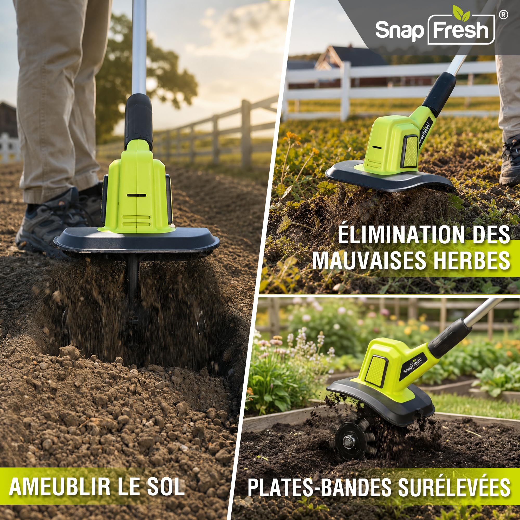 SnapFresh Motobineuse sur Batterie sans Fil 20V - Fraise de Jardin électrique avec Batterie 4,0 Ah et Chargeur Rapide pour Planches de Jardin