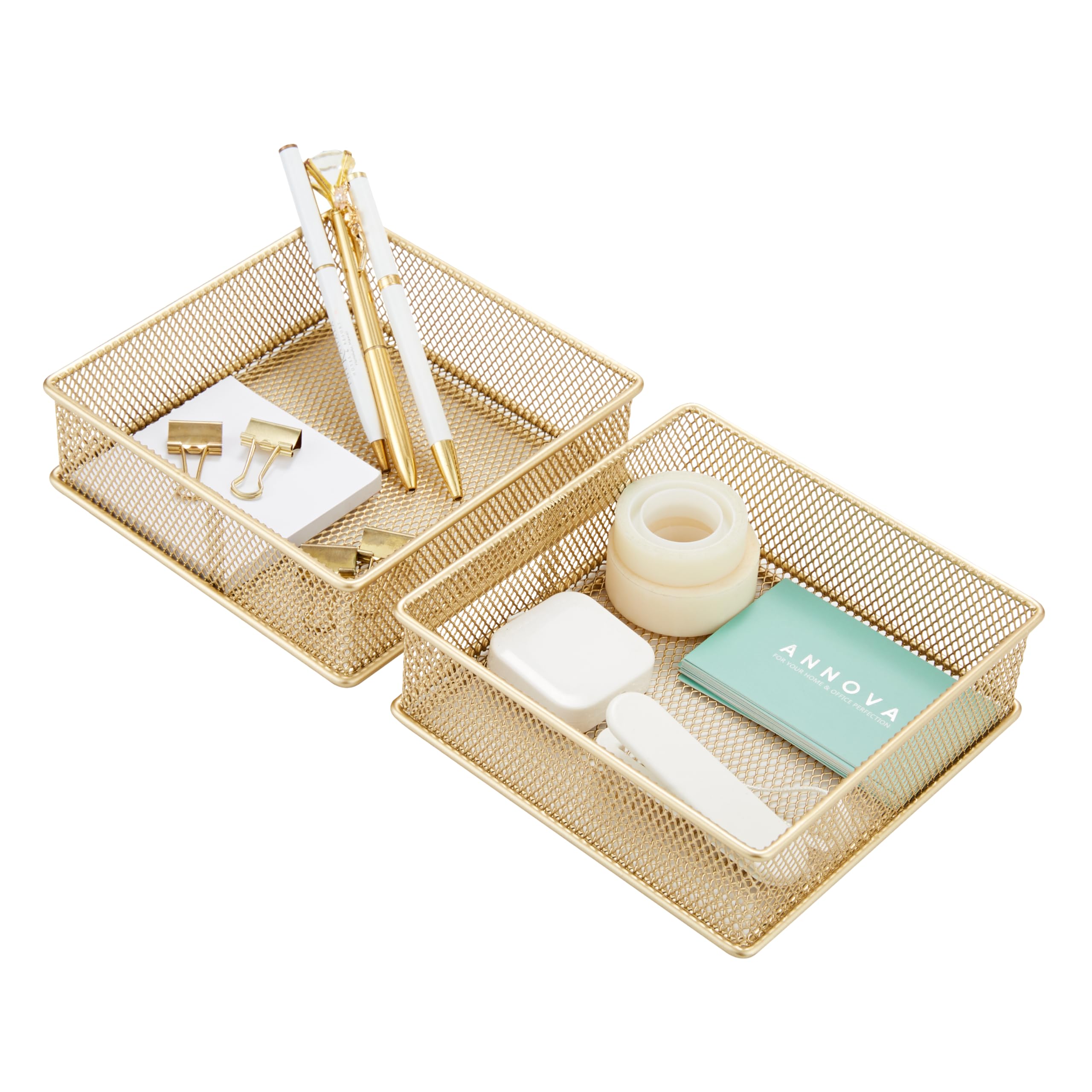 Annova Mesh Drawer Cabinet and Shelf Organizer Bins Storage Basket School Office Supply Holder Tray- Set of 2 (Gold, 15x15x5 cm)