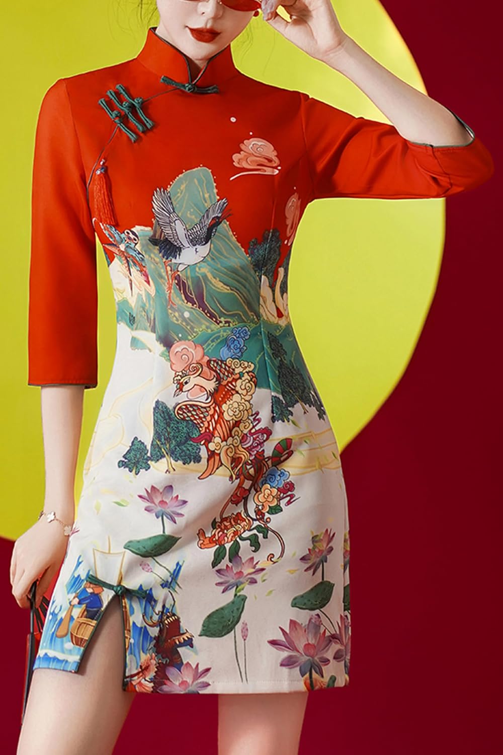 LAI MENG FIVE CATS Women Chinese Cheongsam Print Retro Side Slit Mini Dress