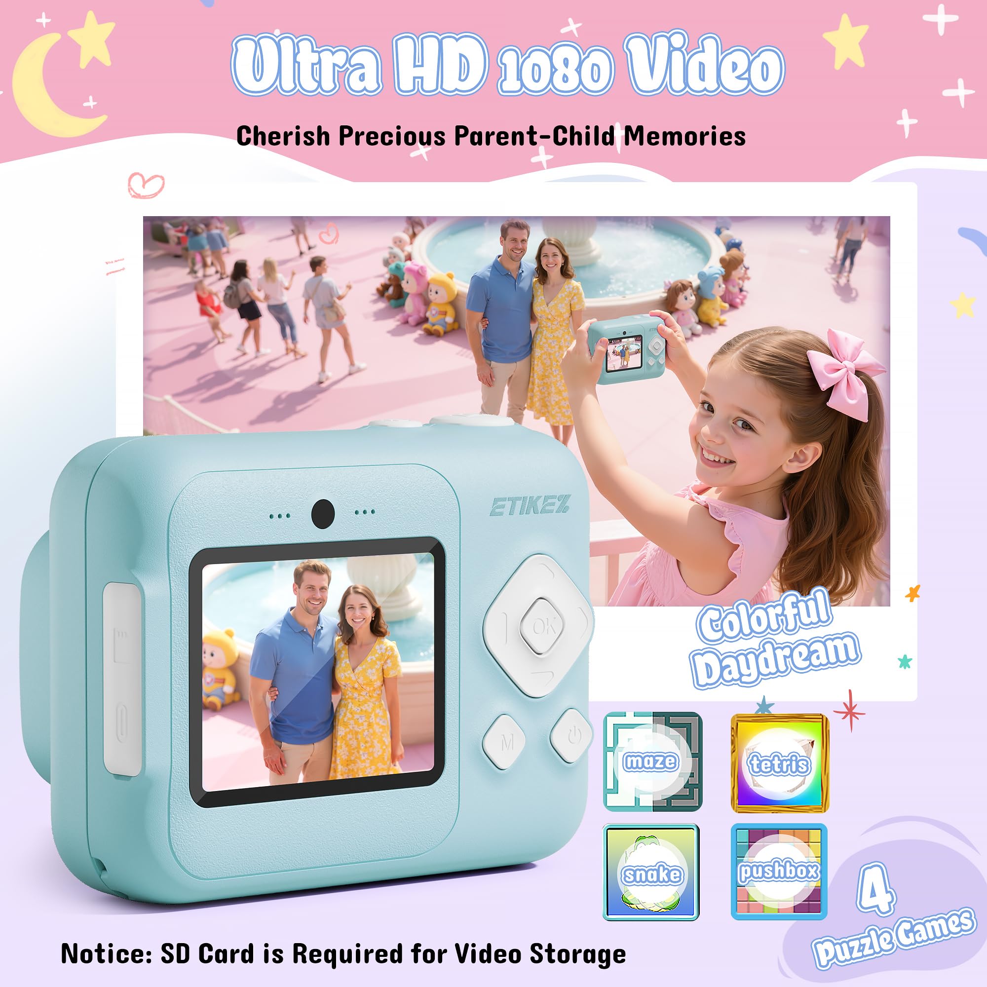 Appareil Photo pour Enfants - Appareil Photo instantané,Blau | Appareil photo instantané 1080P pour enfants de 4 5 6 7 8 9 10 ans pour filles et garçons, jouet portable