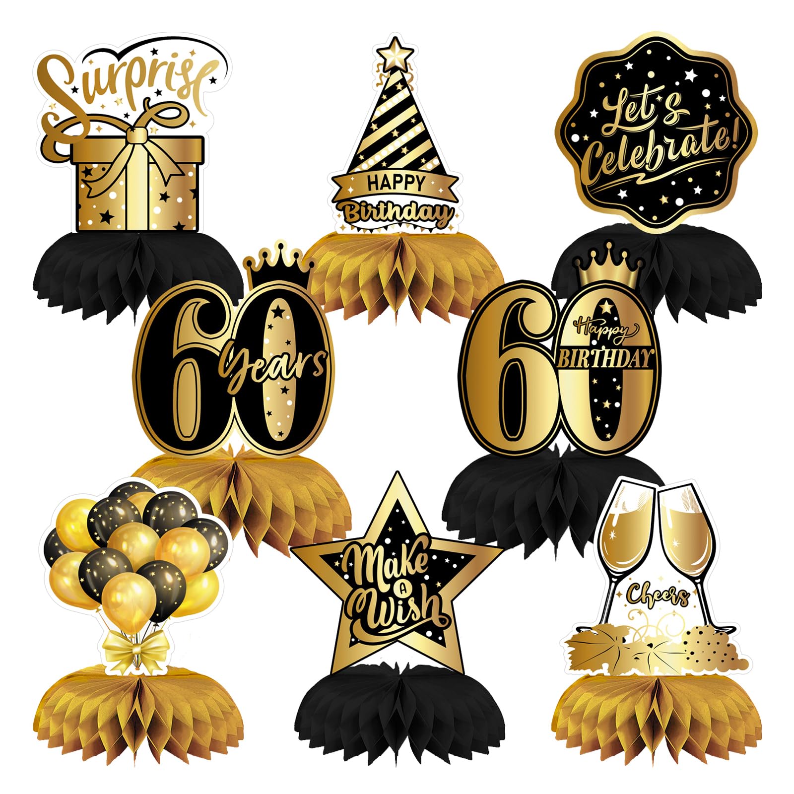 60. Geburtstag Deko Schwarz Gold, 8er Set Tischdeko, Bienenwabe | 8 Bienenwaben Tischaufsteller, elegante Schwarz-Gold Deko, Papier Dekoration für Geburtstagsparty, Happy Birthday Design
