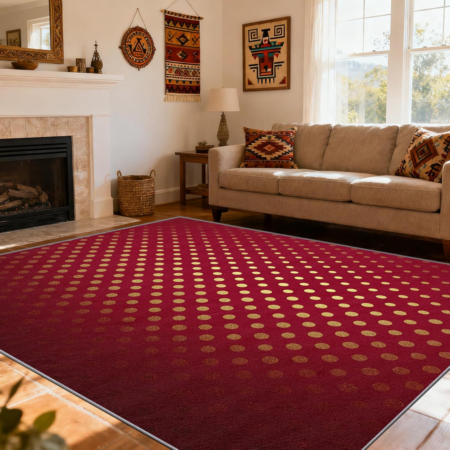Red Gold Rug 5×6 – Burgundy Gold Rugs for Bedroom Non Slip Low Pile Machine Wash…