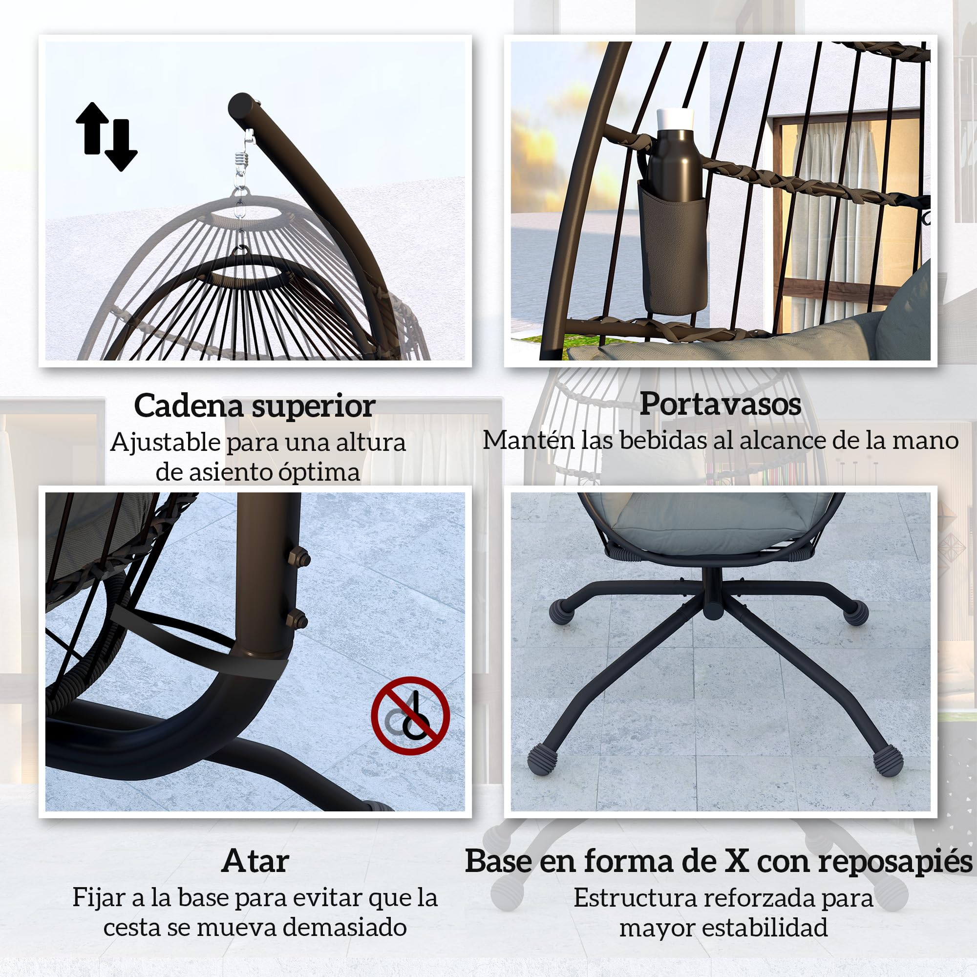 Outsunny Silla Colgante Huevo con Soporte Columpio Jardín Exterior con Cesta Plegable Cojín y Reposacabezas Portavaso Columpio Colgante para Interior y Exterior Carga 120 kg Negro