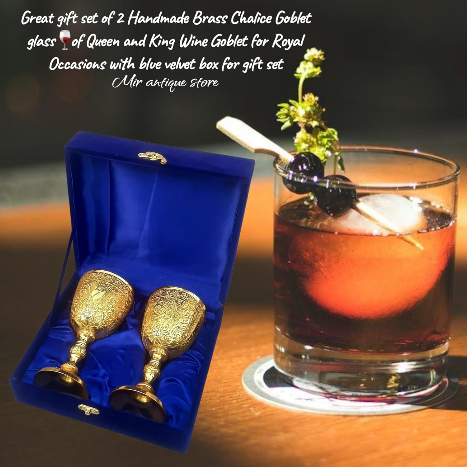 Embossed Brass Wine Goblet Set of 2 – Vintage Medieval Chalices, Royal Renaissance Cups, Home Bar Decor, Handmade Collectible Wine Glasses with Velvet Gift Box