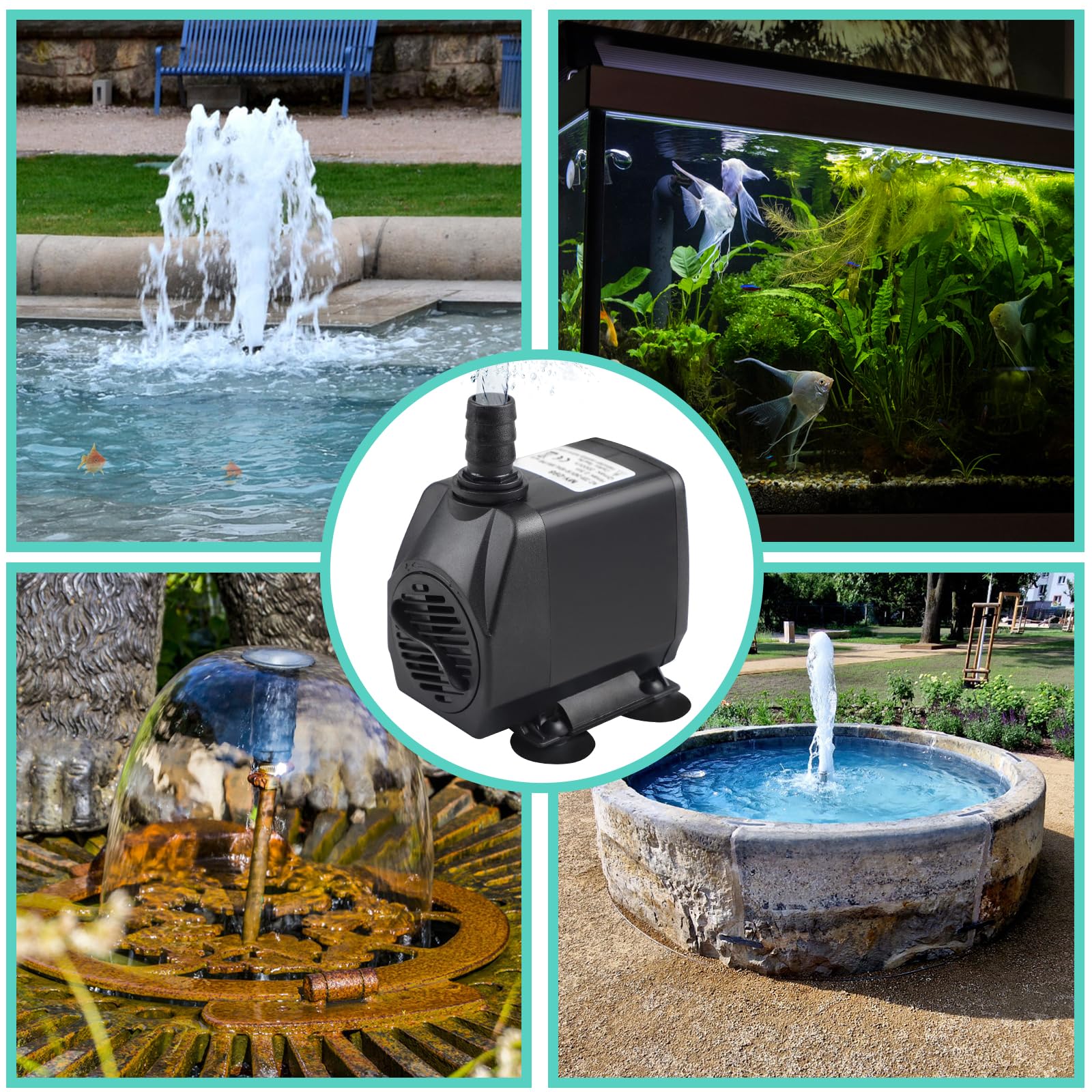 EXLECO Bomba Aguas Acuario max. 3500L/H Bomba Sumergible Aguas Sucias 60W 220V Bomba Fuente Exterior Bomba Estanque Bomba Achique Aguas Pequeña para Jardin Filtración, con 1 Manguera 4 Boquillas