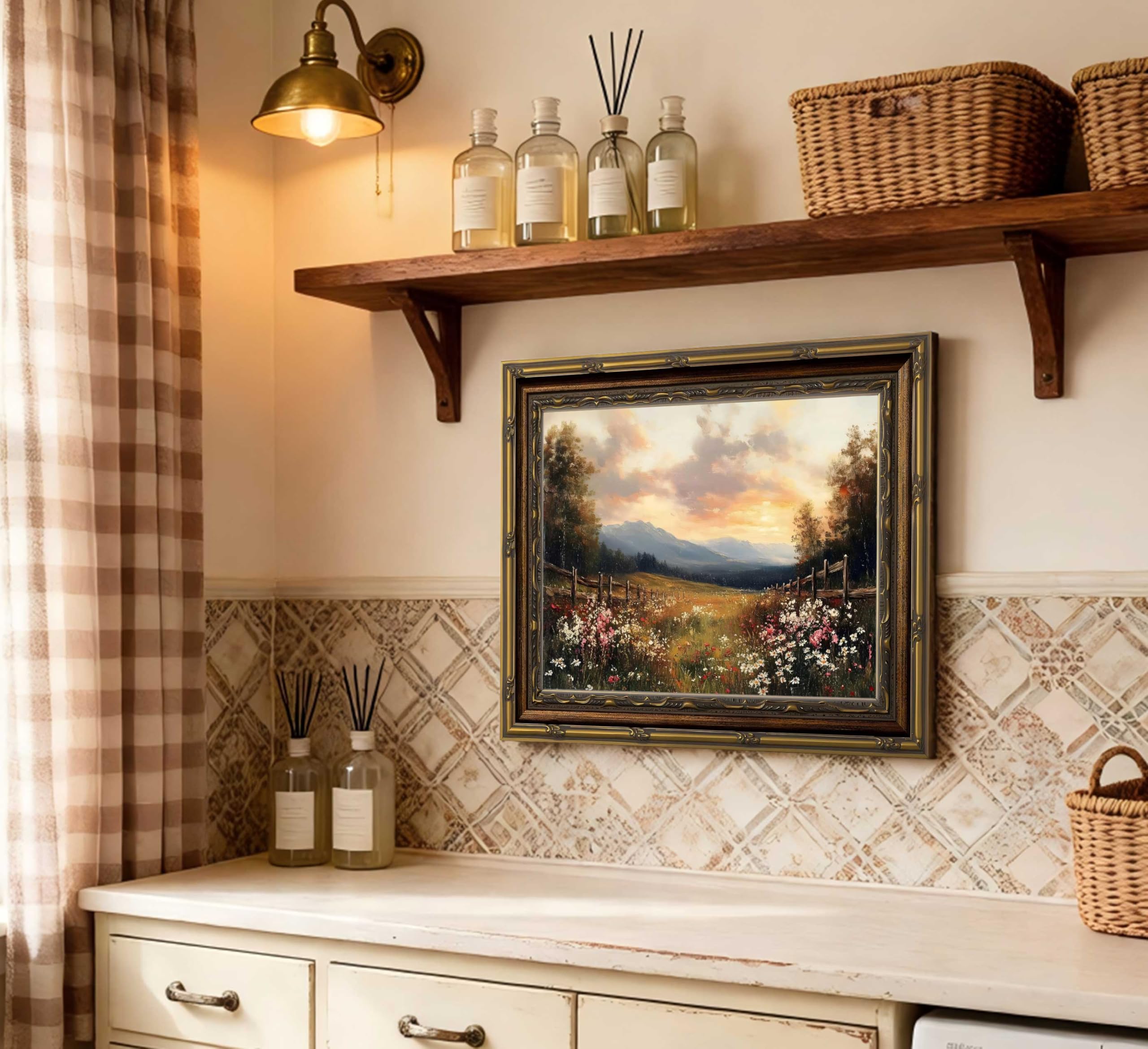 Vintage Gold Framed Wall Art, Retro Wildflower Canvas Print, Rustic Farmhouse Sunset Painting for Living Room, Bedroom, Office, 9x11 Inch - 5