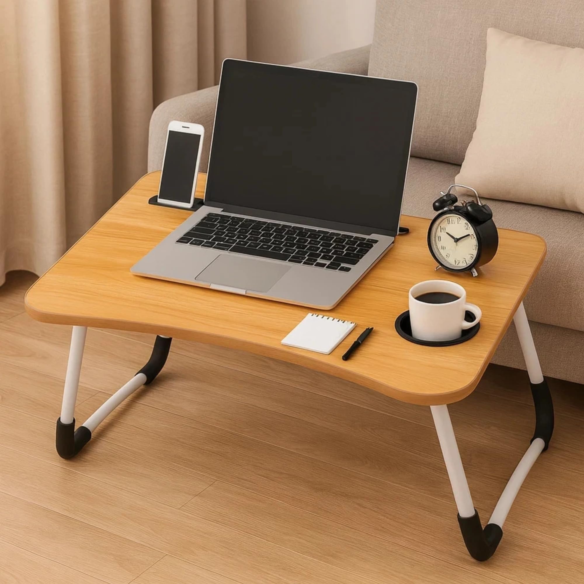 Burakh Oak Wood Laptop Bed Table With Cup Holder – Folding Lap Desk For Sofa, Breakfast Tray & Notebook Stand (60X40x26cm) (Oak Wood)