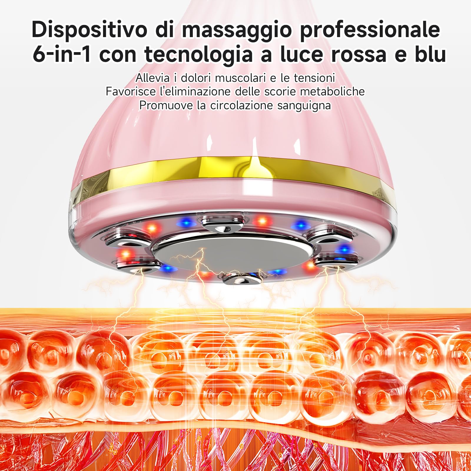 Dispositivo di cavitazione 6 in 1 Strumento per massaggio anti-grasso, massaggiatore manuale con funzioni ultrasuoni RF, EMS, luce rossa e blu e vibrazione, adatto per viso e corpo