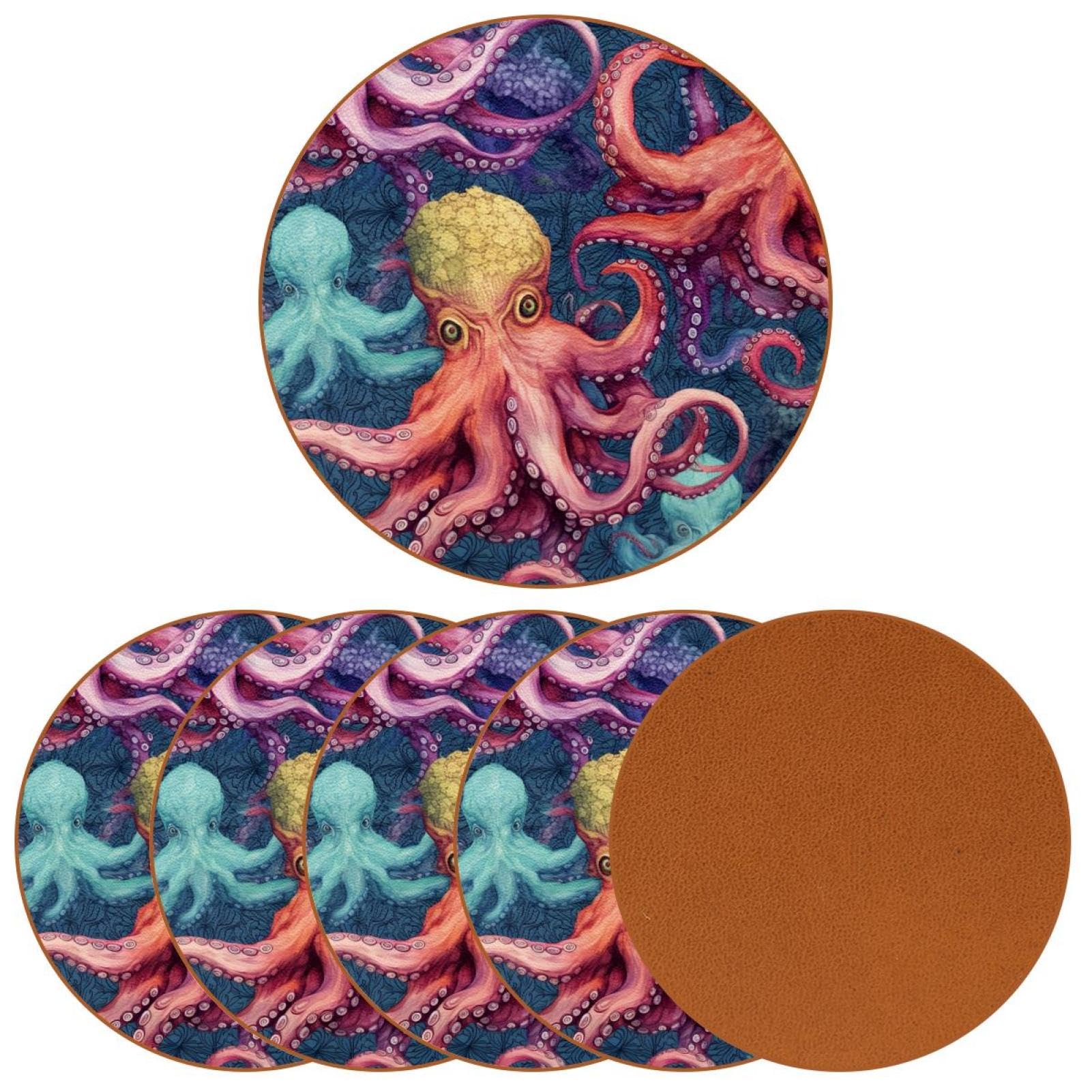 Cartoon-Ozean-Oktopus-Untersetzer für Getränke, 6 Stück, Tisch-Schutzmatte für Weingläser, Tassen und Tassen, wiederverwendbar im Büro, Küche, Bar, 10,9 cm