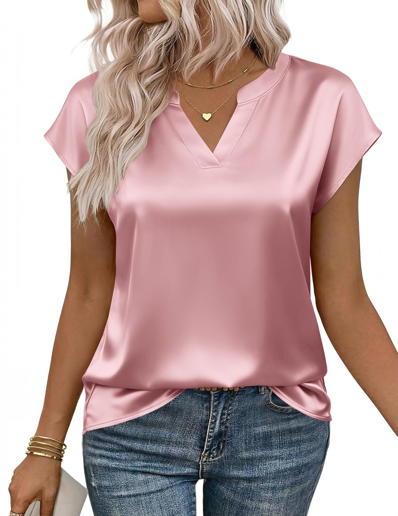 Zeagoo Women Tops Silk Satin Blouses V Neck Summer Shirts Cap Sleeve Business Casual Dressy Spring Clothing — view 14