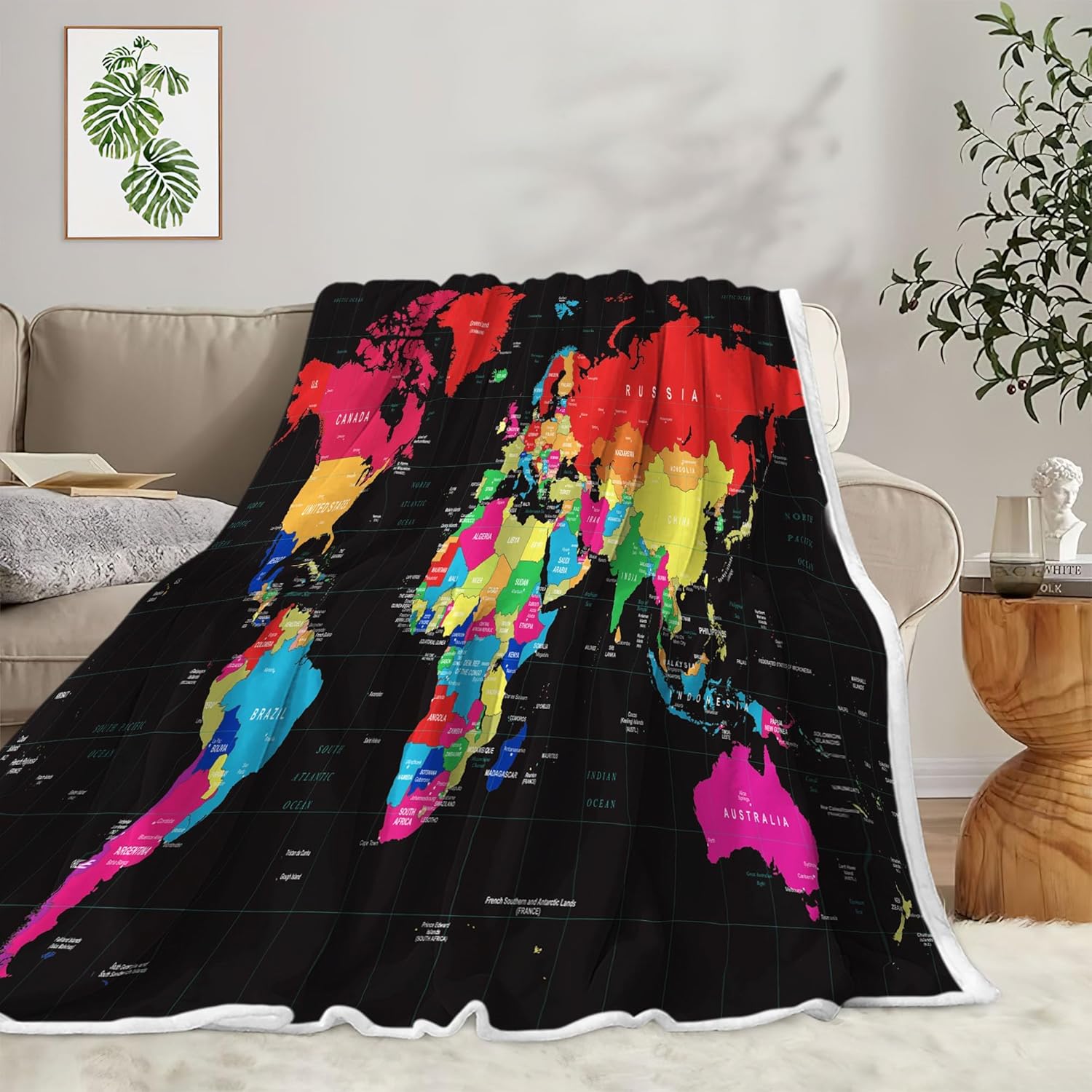 World Map Fleece Throw Blanket for Couch, Sofa - Vintage Topography Educational College Kids Children Bed Travel Camping Blankets, 60X80in