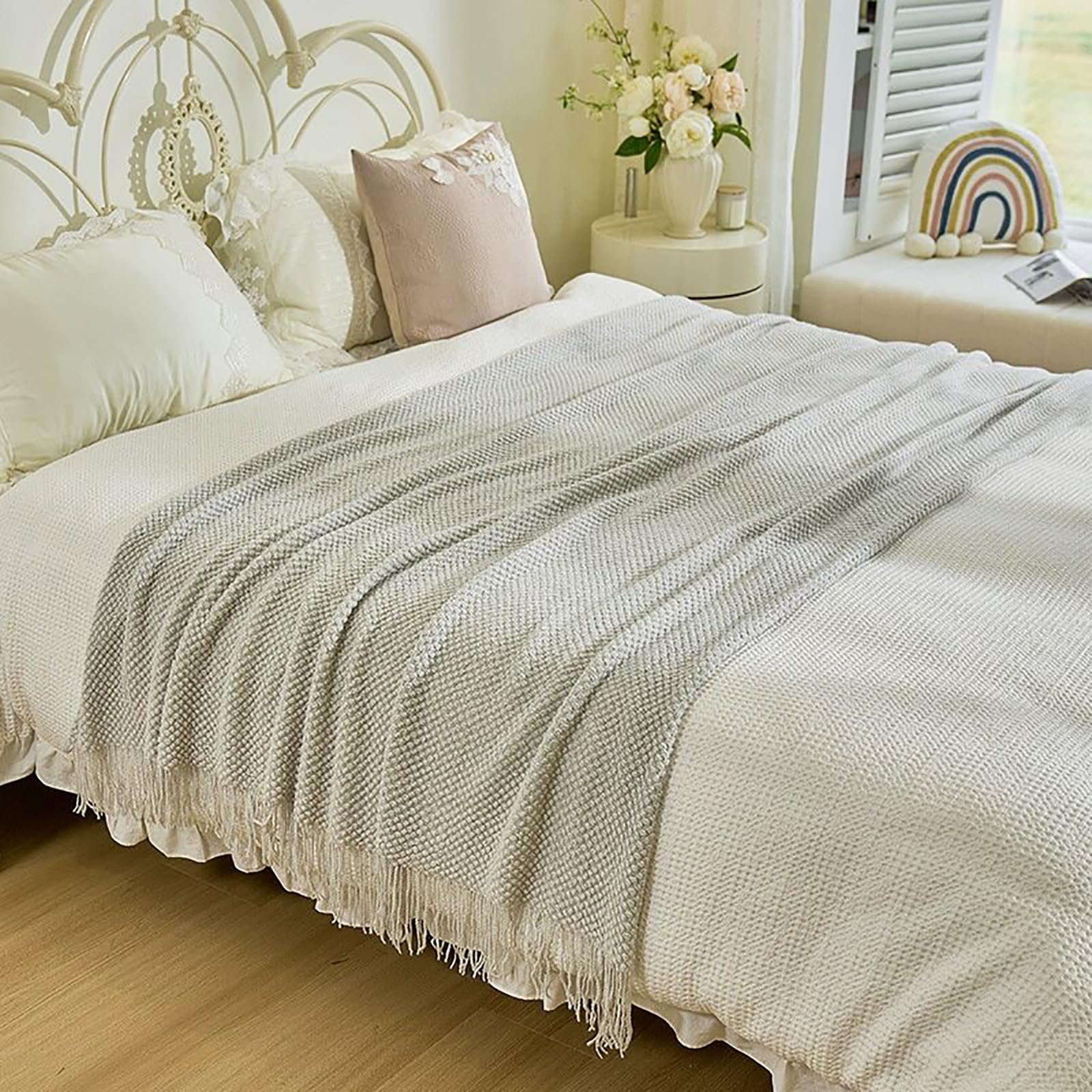 SUZEPER Knit Bed Runners for King Size Bed,Solid Color Bed Scarf with Tassel,Decorative Woven Sofa Throw Bed Runner for Hotel Home Double Single King