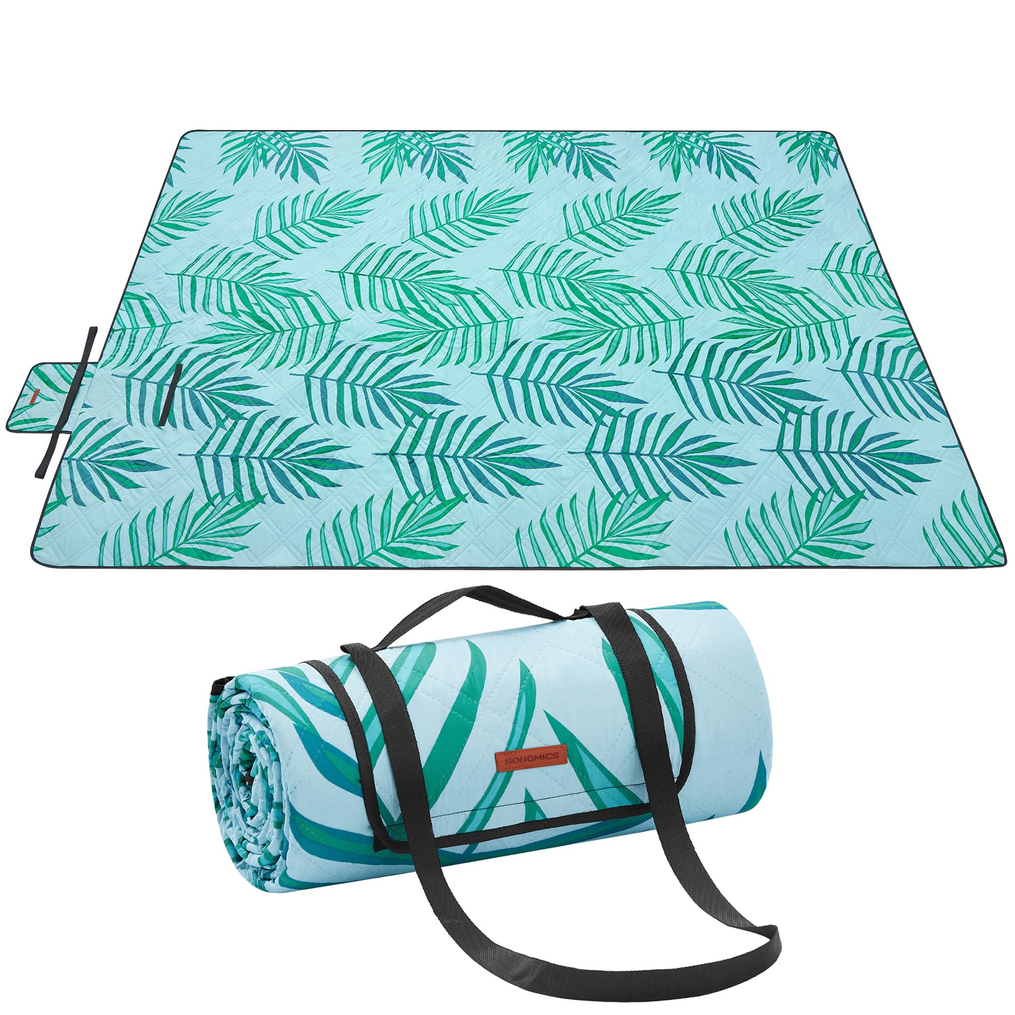 SONGMICS Picnic Blanket, 300 x 200 cm, Large Waterproof Picnic Mat for Camping, Park, Garden, Beach, Machine Washable, Foldable, Fern Pattern and Blue GCM001Q03