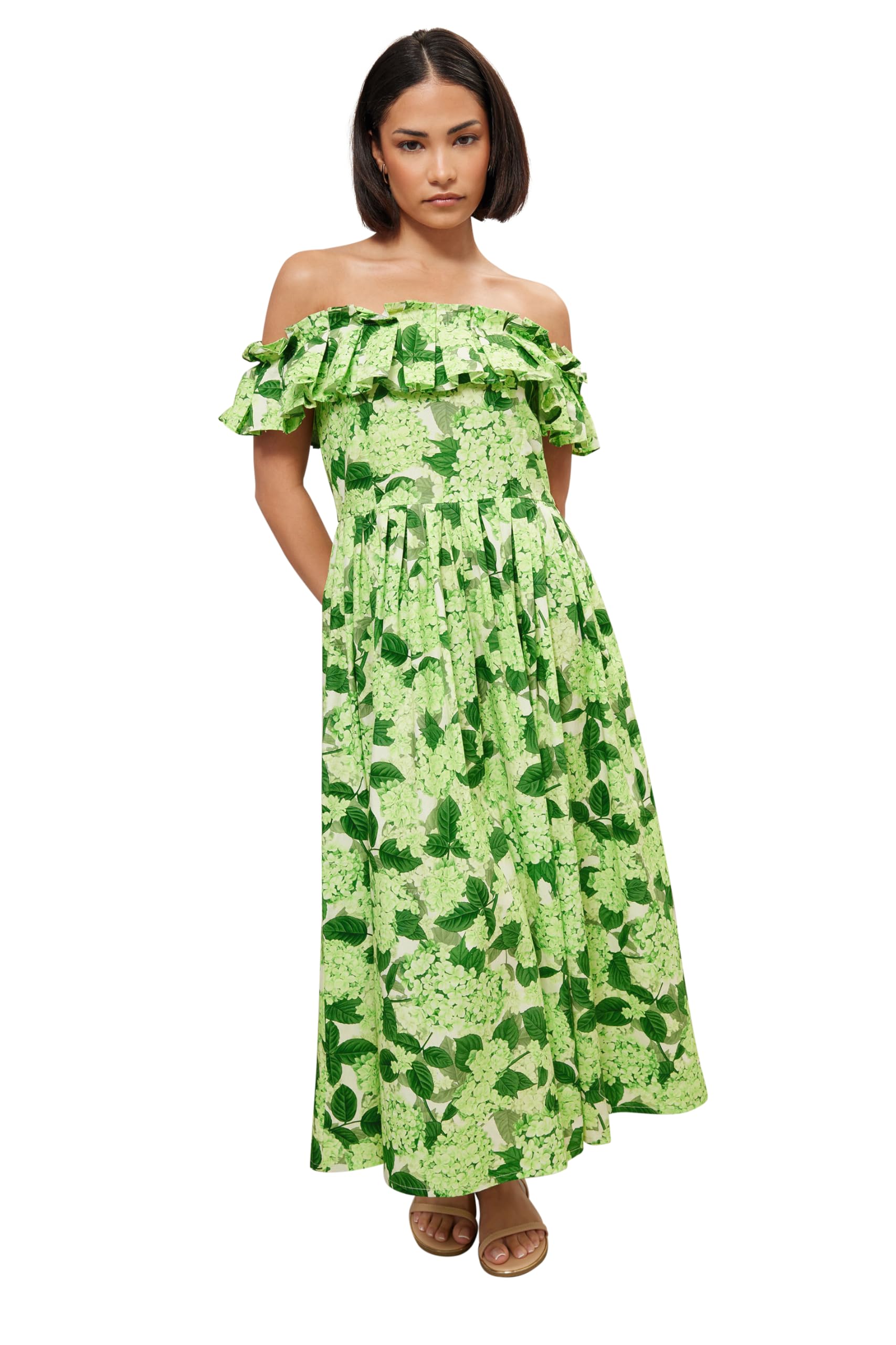 Pixiegirl Women's Green Petite Floral Bardot Midi Dress In | Size: 12