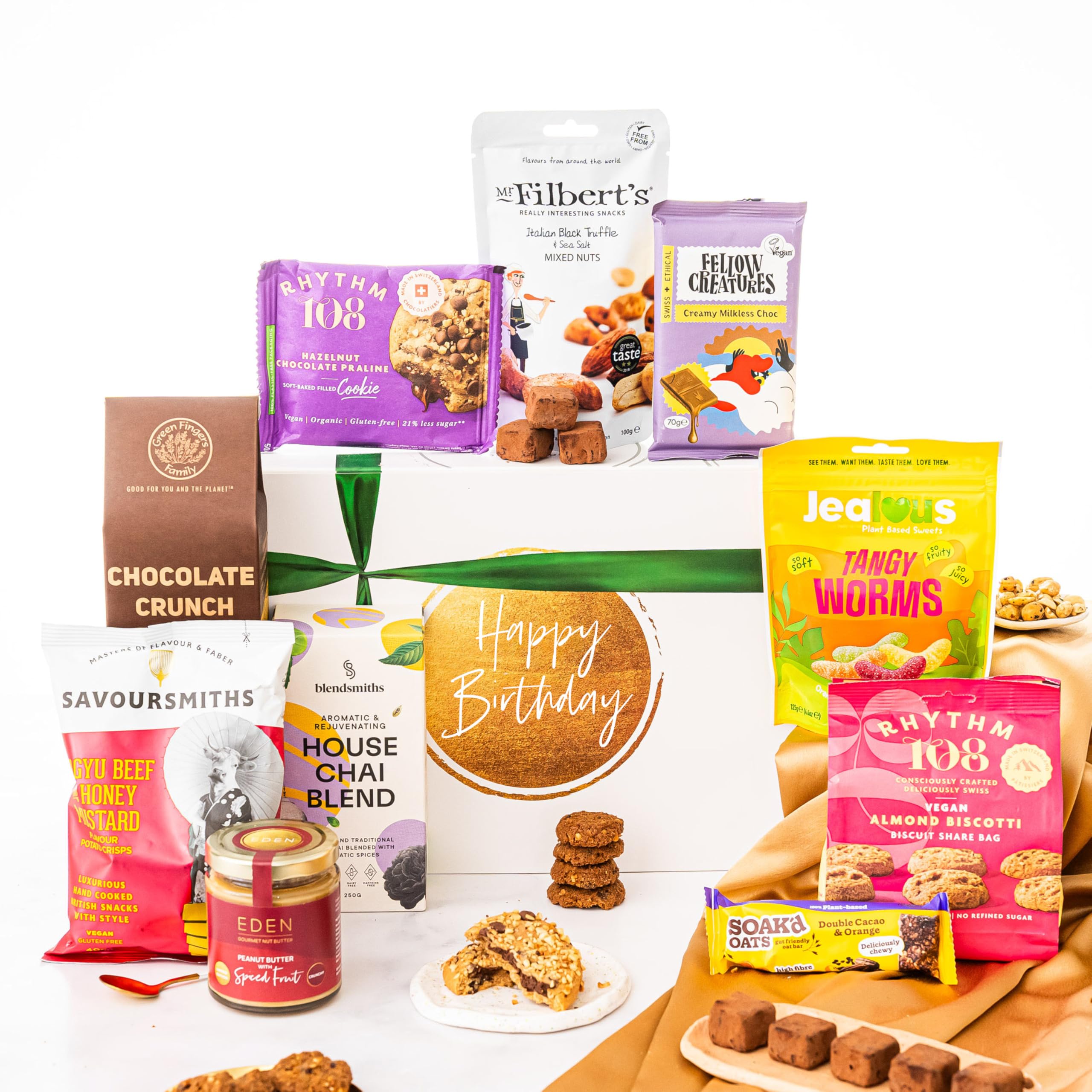 Happy Birthday Gift Hamper Basket, Luxury Gourmet Gifts for Women, Men or Couples, Dairy Free, Gluten Free and Vegan Chocolate by EDEN Treats