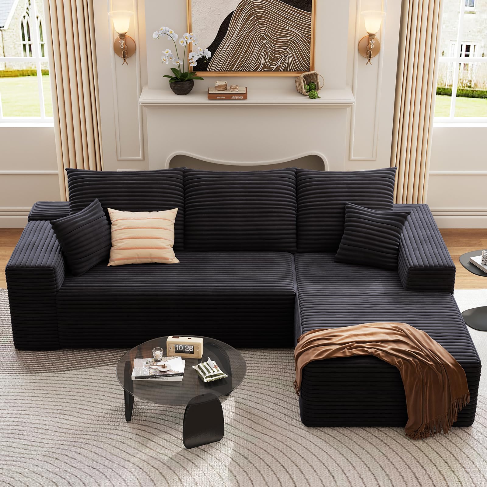 107" Cloud Sectional Couch with L-Shape Chaise, Modern Corduroy Boneless Deep Seat Sofa, 3-Seater Modular Sleeper Couch for Living Room, Bedroom,