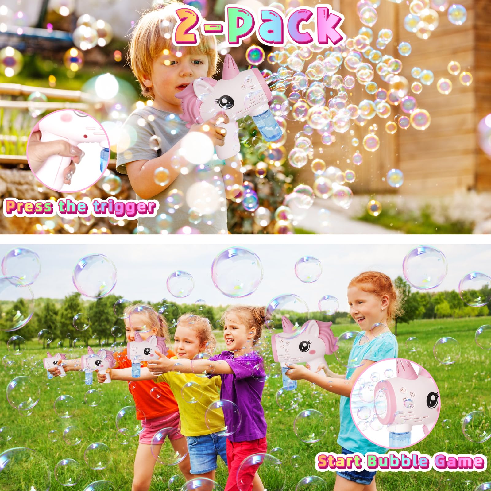 Pack De 2 Pistolets à Bulles Automatiques Avec LED – Lot 240 Ml De Solution + 10 Recharges – Jouets D'Extérieur Pour Fêtes Et Mariages