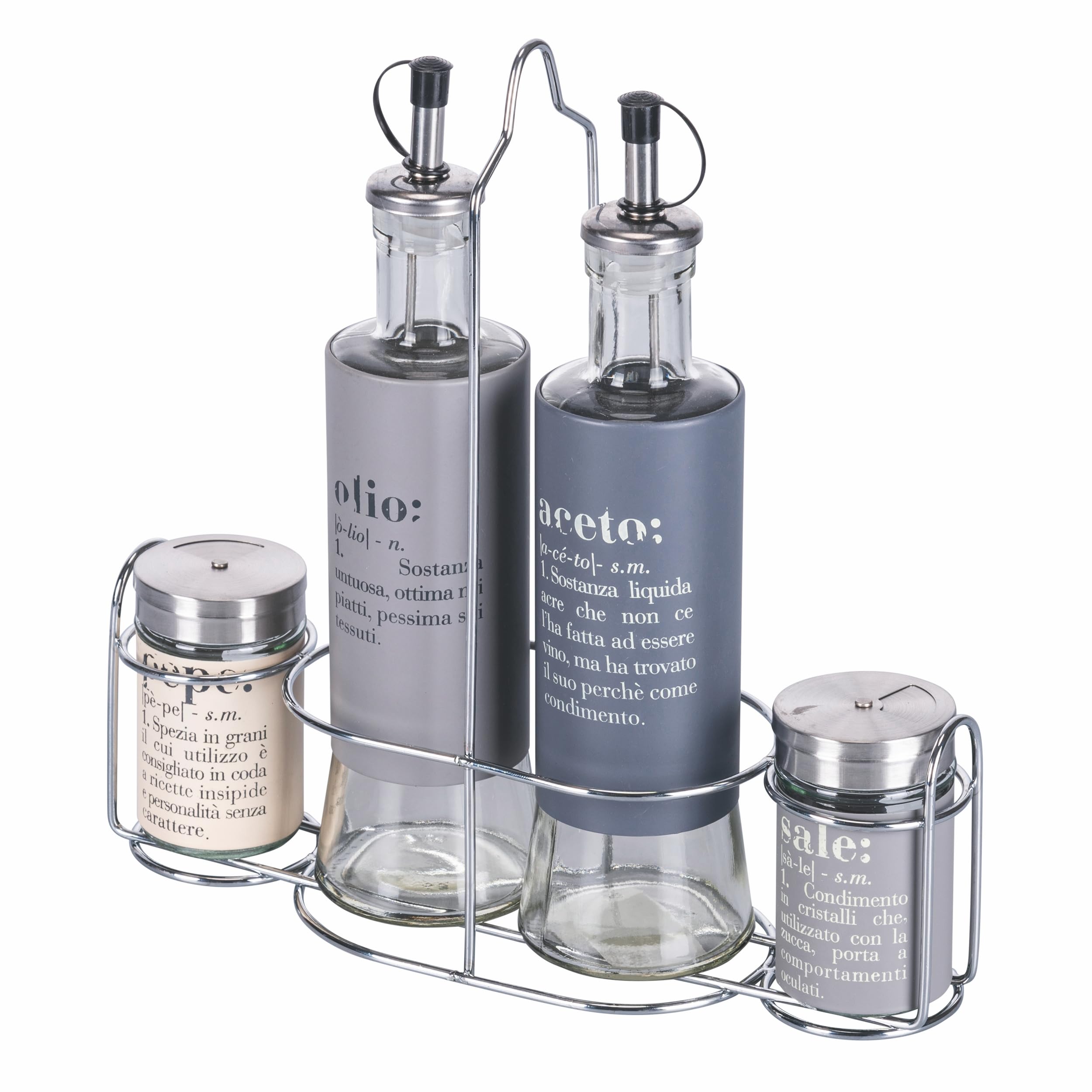 Villa d'Este Home Tivoli Set condimento olio, aceto, sale e pepe in vetro e acciaio inox, stand in acciaio, grigio, Victionary