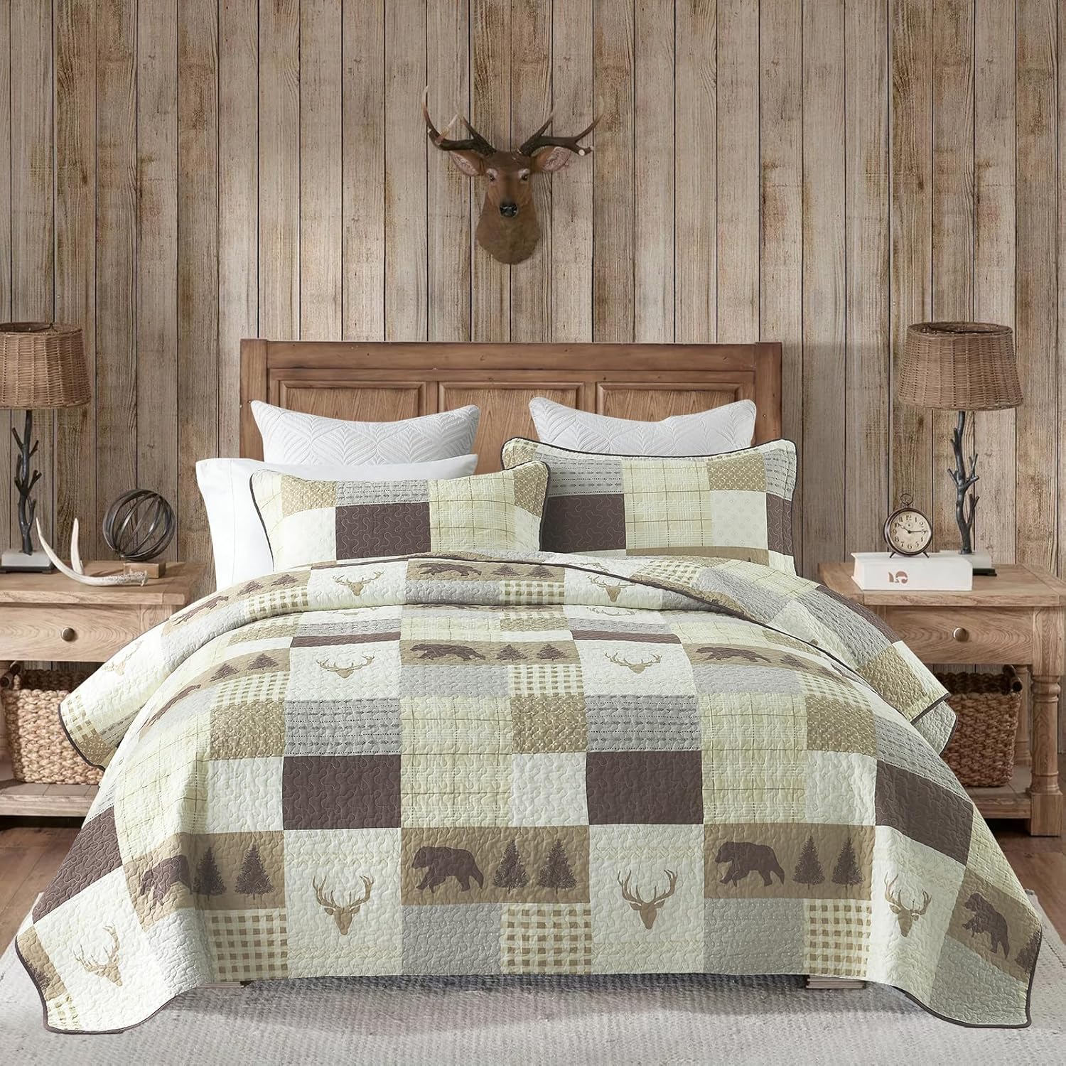PERHOM Trapunta Queen Size – 100% cotone estivo leggero Cabin Plaid Queen Quilt Set di biancheria da letto, foresta, albero, orso marrone, cervo, patchwork, reversibile, con 2 federe, 3 pezzi