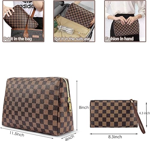 Miniatura 3 de Bolsa de maquillaje, bolsa de cosméticos, bolsa de maquillaje portátil de cuero grande a cuadros, paquete de 2 bolsas de cosméticos de viaje de gran