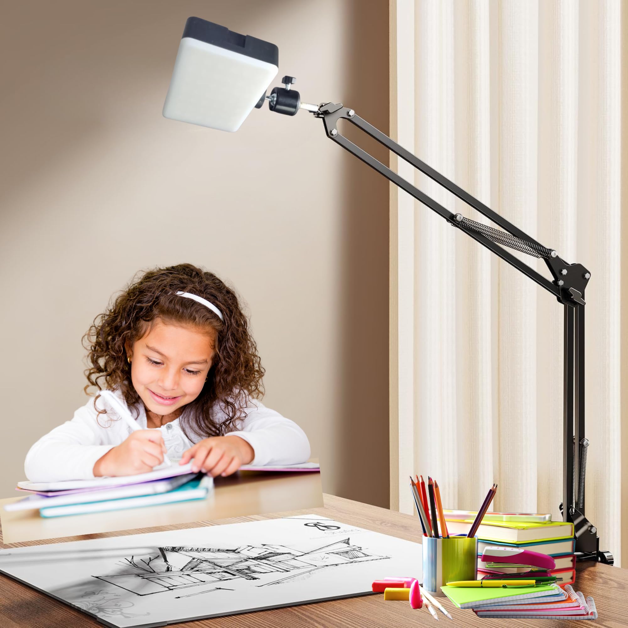 ADZOY Rechargeable LED Table Lamp with Overhead Suspension Arm, Adjustable LED Desk Light for Video Recording, Live Streaming, Reading, Study, Online Classes & Content Creation-image-1