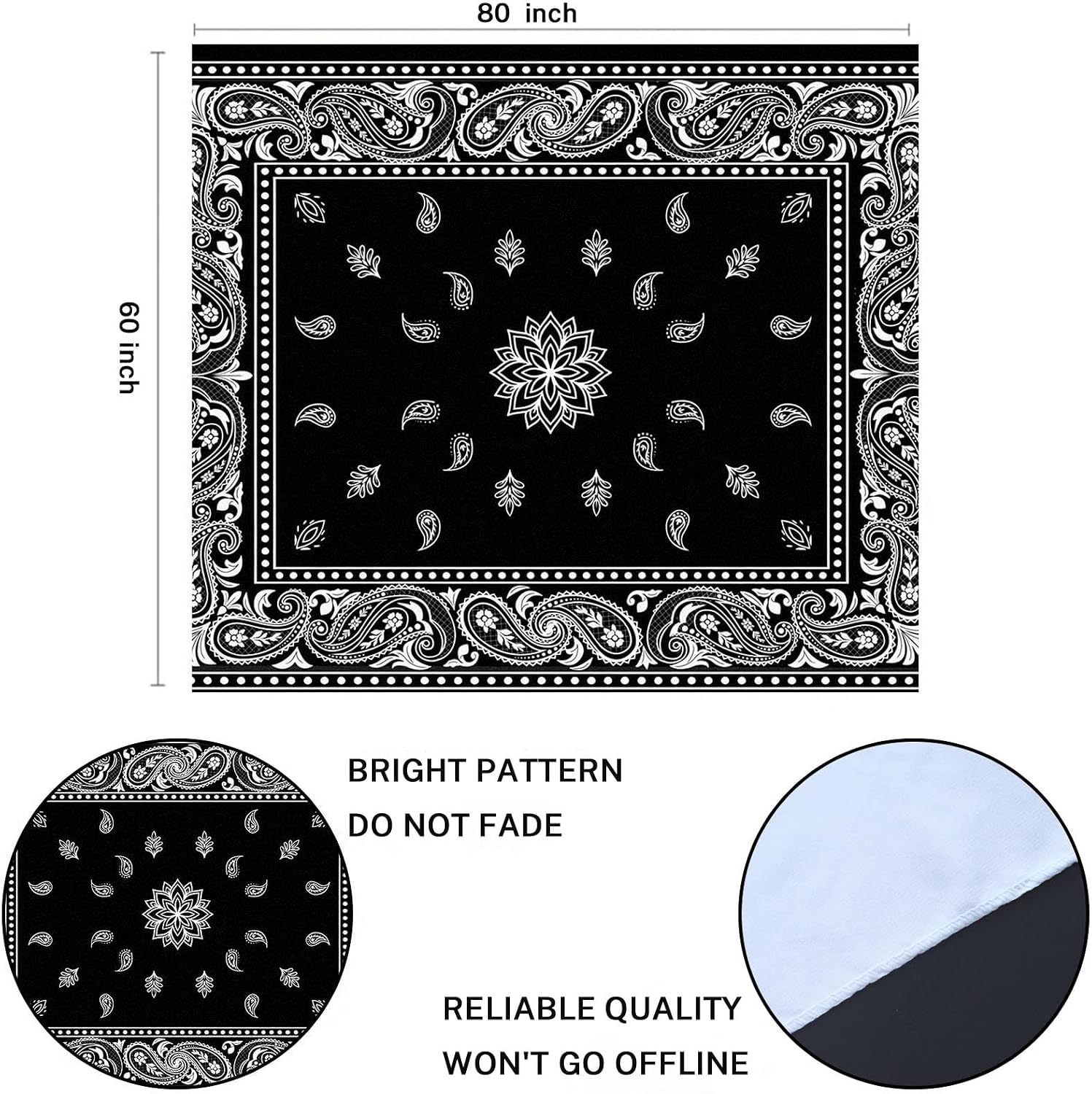 Emvency Tapestry Paisley Black Pattern Bandanna Border Scarf White Home Decor Wall Hanging for Living Room Bedroom Dorm 60x80 Inches