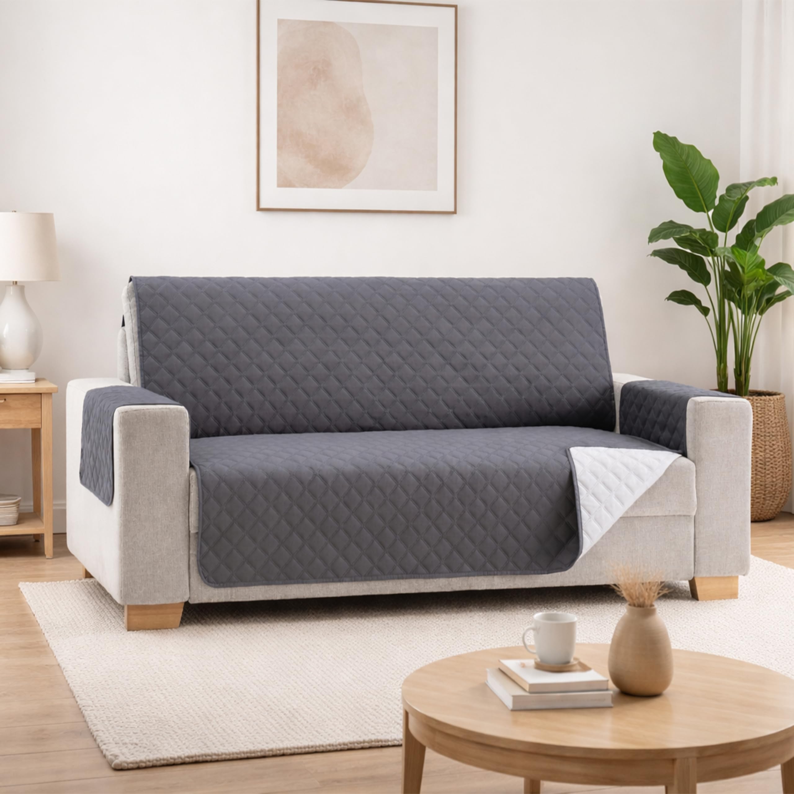 Maxifundas Sofaüberwurf für 4-Sitzer, gepolstert, wendbar, extra weich, Grau/Hellgrau, Sofaüberwurf mit elastischen Befestigungsstreifen, Modell Maui